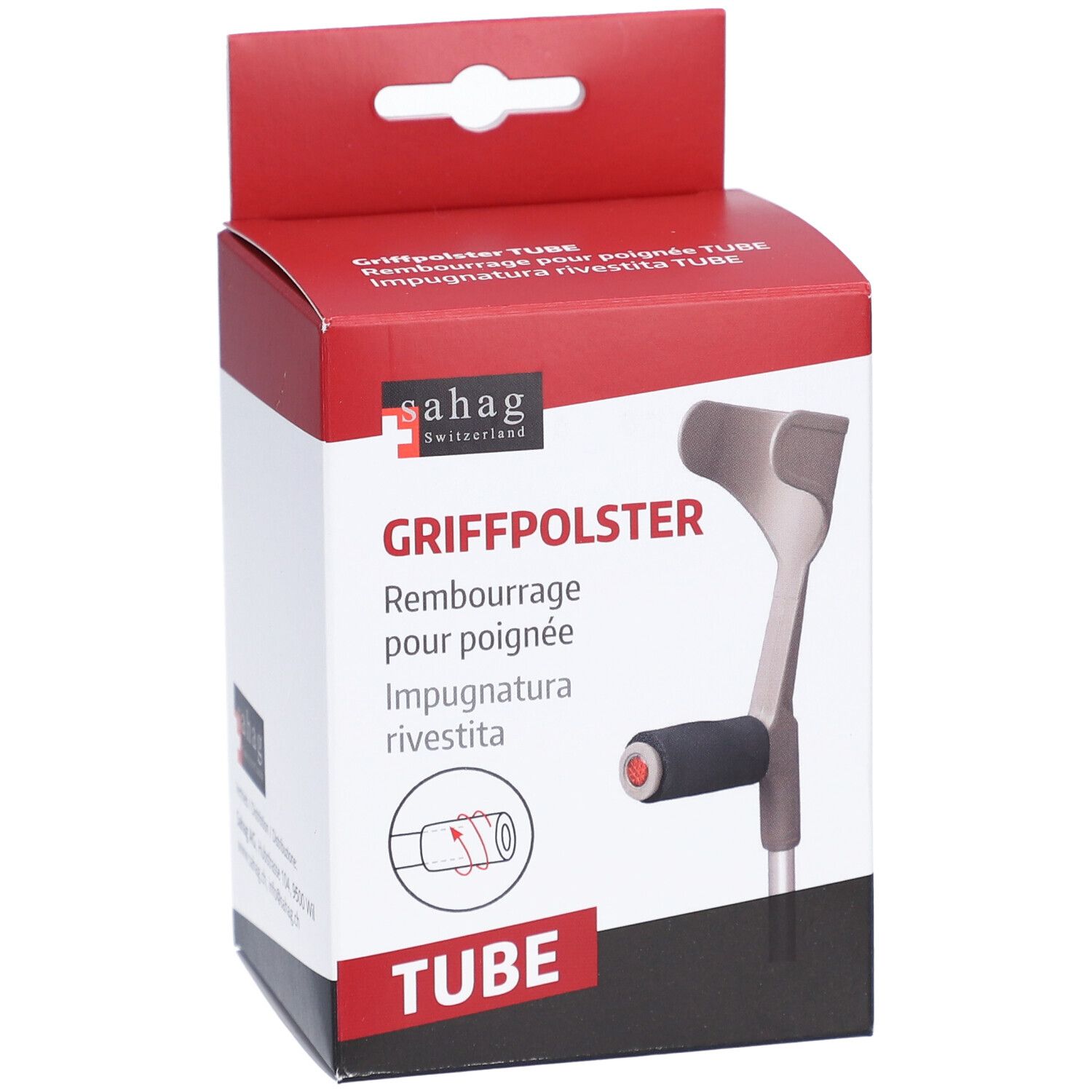 Boîte rouge et blanche avec rembourrage pour poignée de béquille. Image du produit et texte. Marque : sahag.