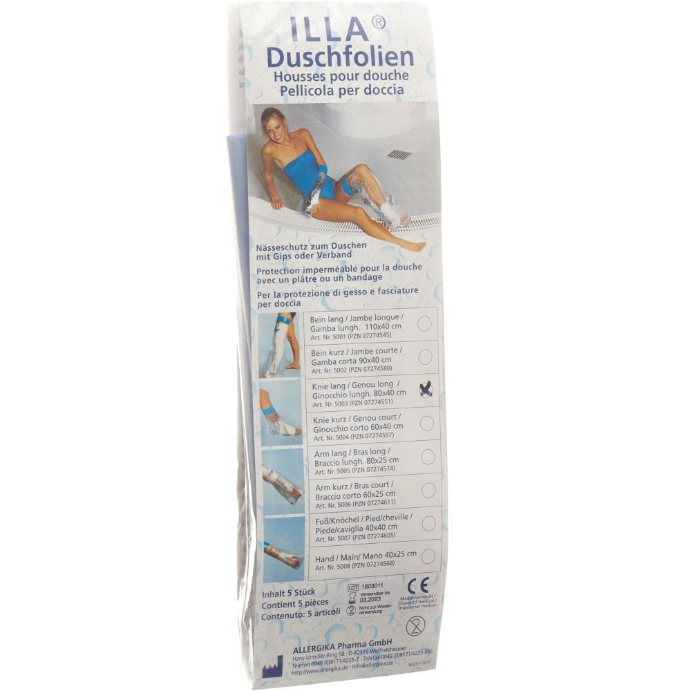 Emballage de feuilles de douche ILLA®. Image du produit et noms. Sélection de tailles. Marquage CE.