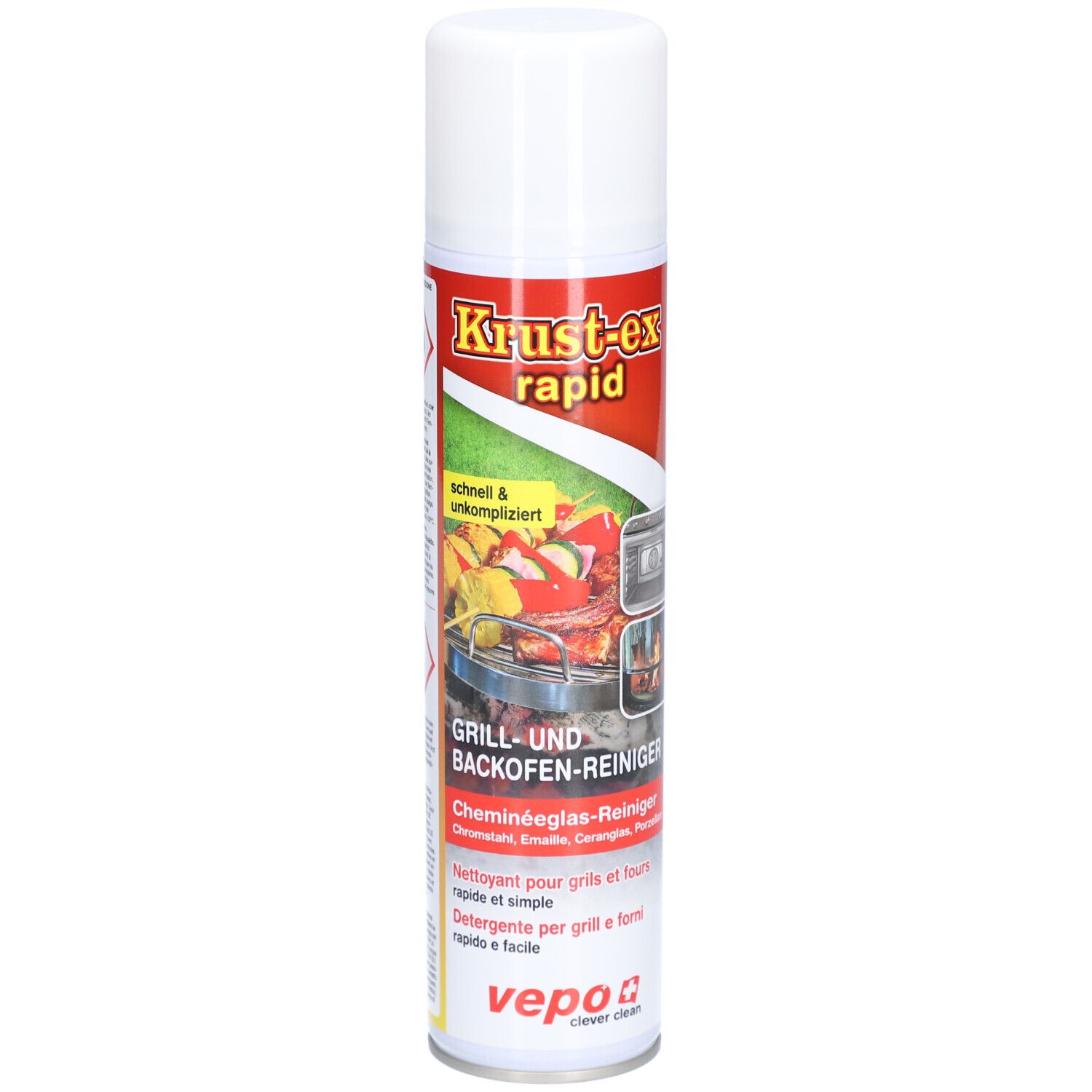 Spray nettoyant pour grills et fours. Bombe blanche et rouge avec nom du produit et illustrations. Contient des avertissements.