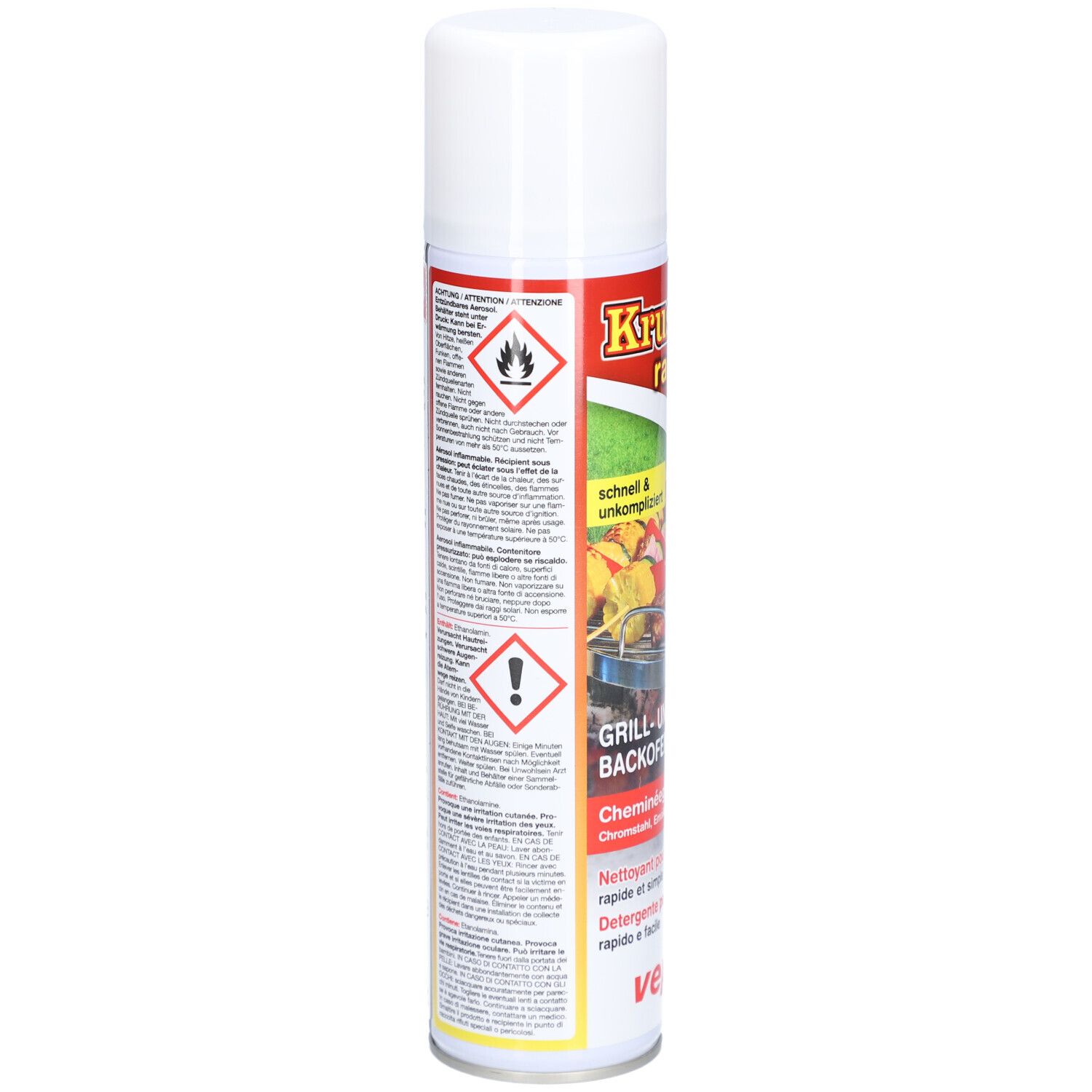 Dos de la bombe de spray nettoyant. Contient des avertissements, des pictogrammes et du texte. Imprimé en blanc, rouge et noir.