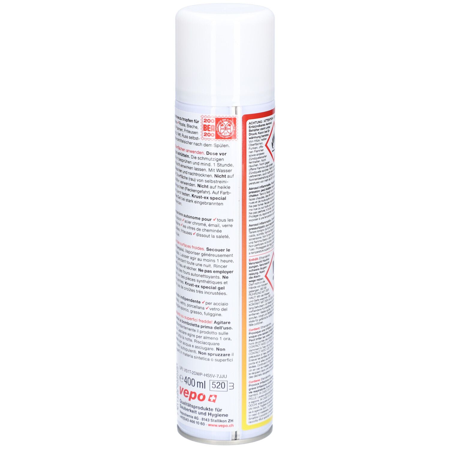 Dos de la bombe de spray avec texte et avertissements. Volume 400 ml. Contient des pictogrammes. Imprimé en blanc, rouge et jaune.