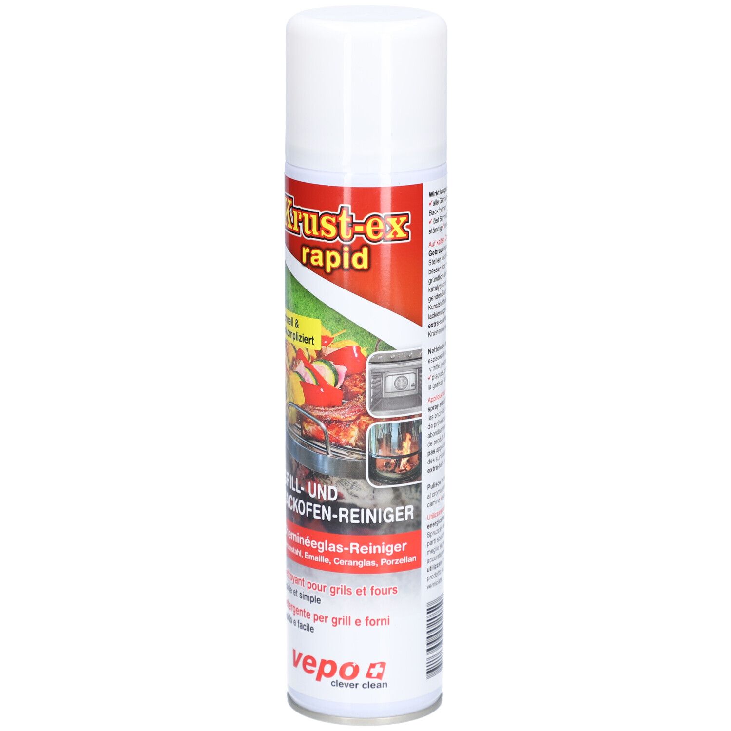 Spray nettoyant pour grills et fours. Bombe blanche et rouge avec nom du produit et illustrations. Contient des avertissements.