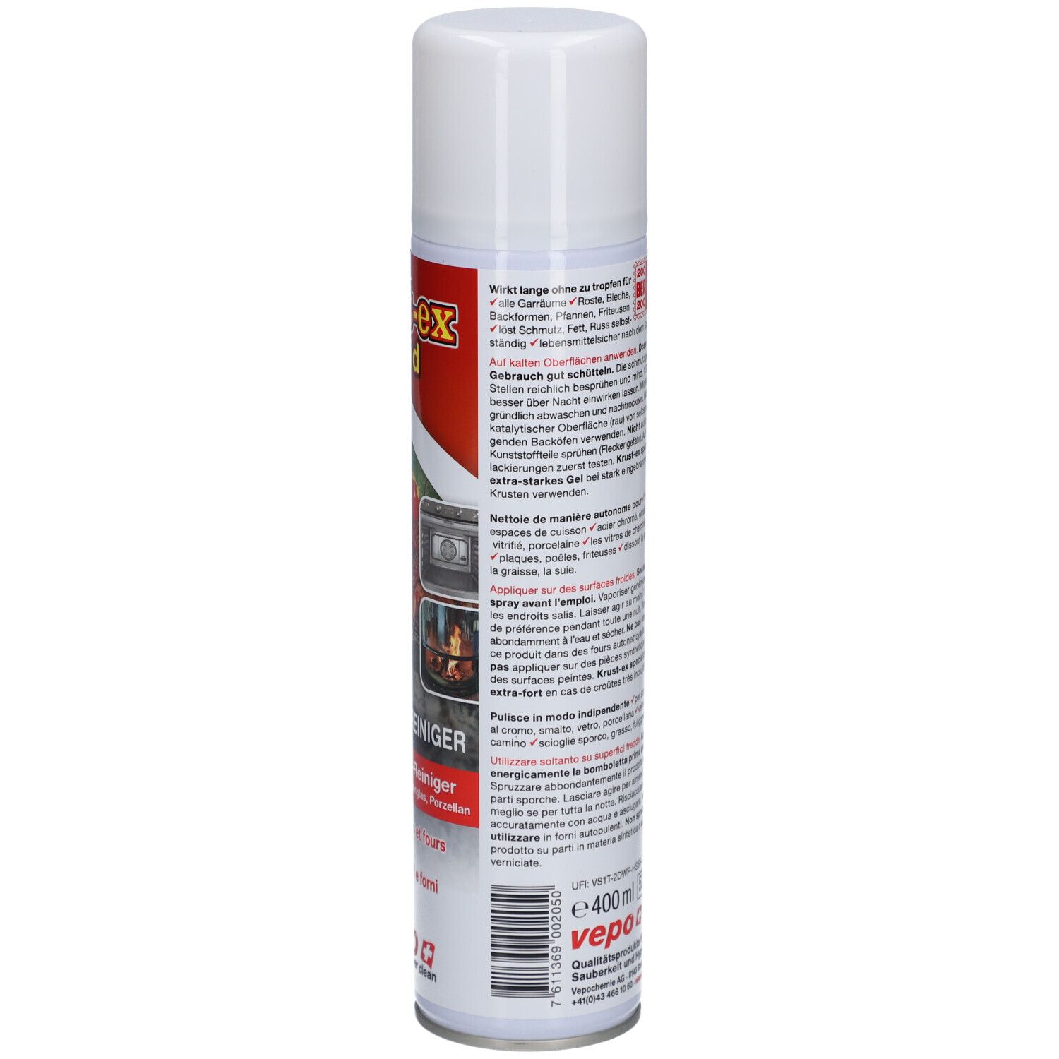Dos de la bombe de spray avec texte et avertissements. Volume 400 ml. Contient des pictogrammes. Imprimé en blanc, rouge et jaune.