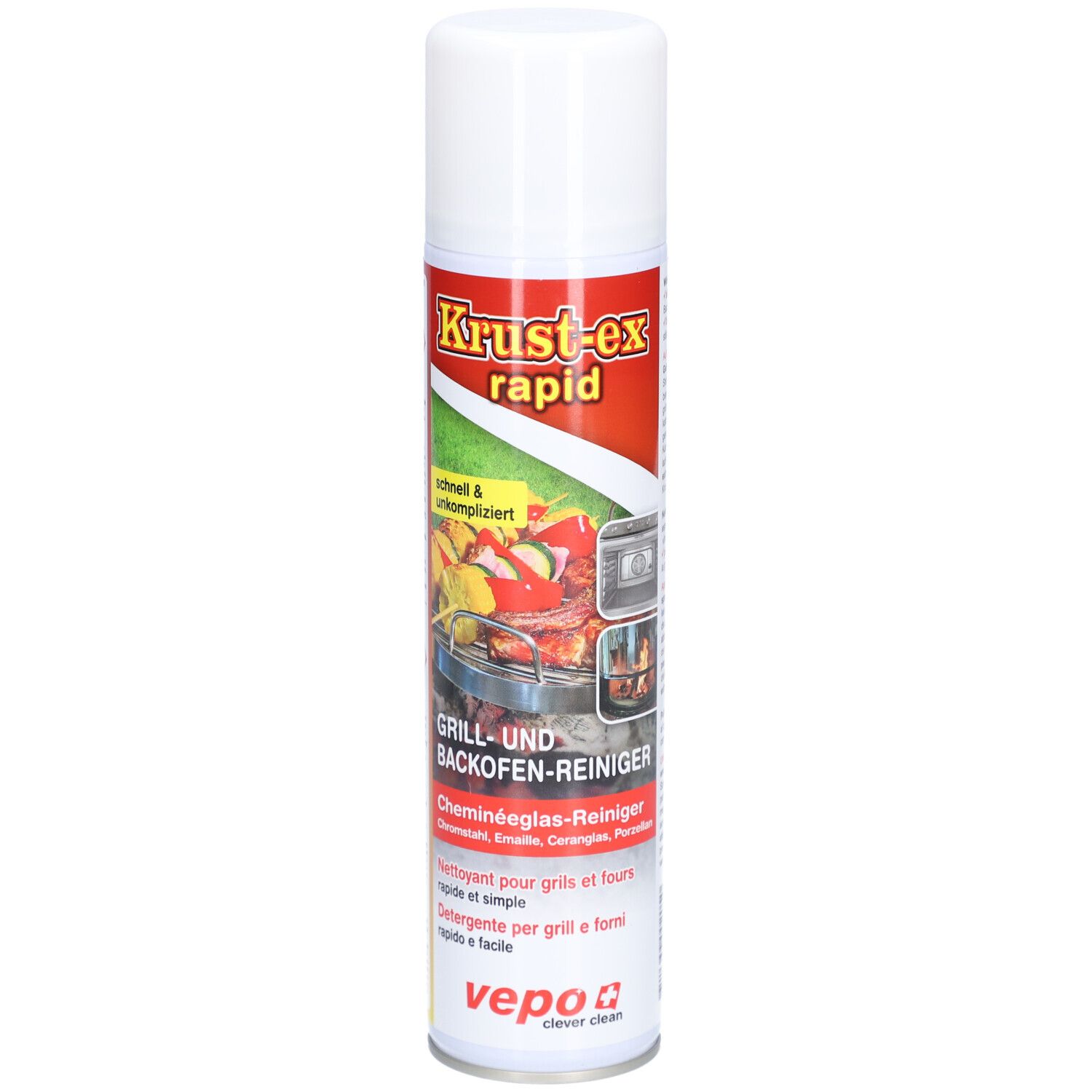 Spray nettoyant pour grills et fours. Bombe blanche et rouge avec nom du produit et illustrations. Contient des avertissements.