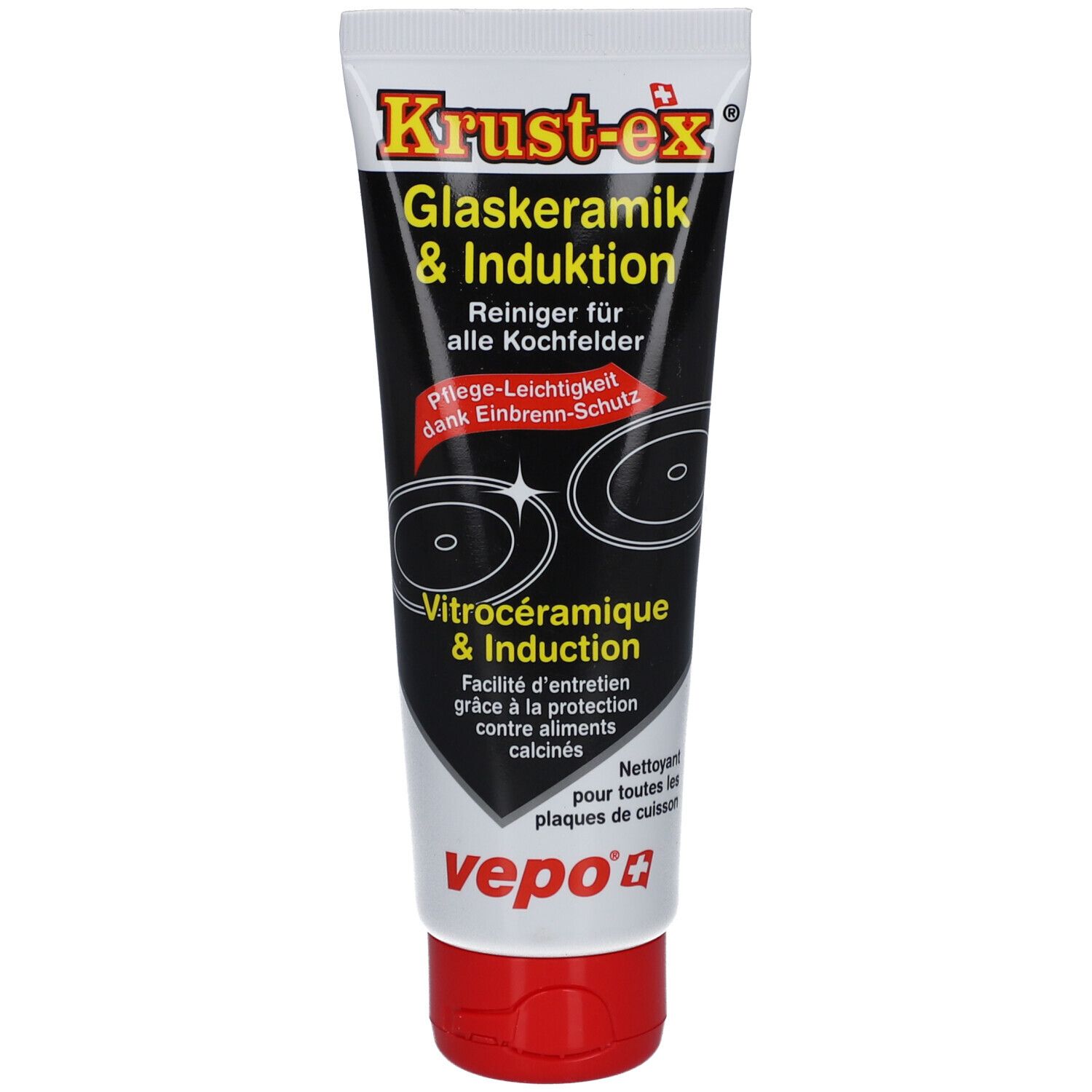 Tube de produit avec nom et désignation. Fond noir avec illustrations blanches. Bouchon rouge.