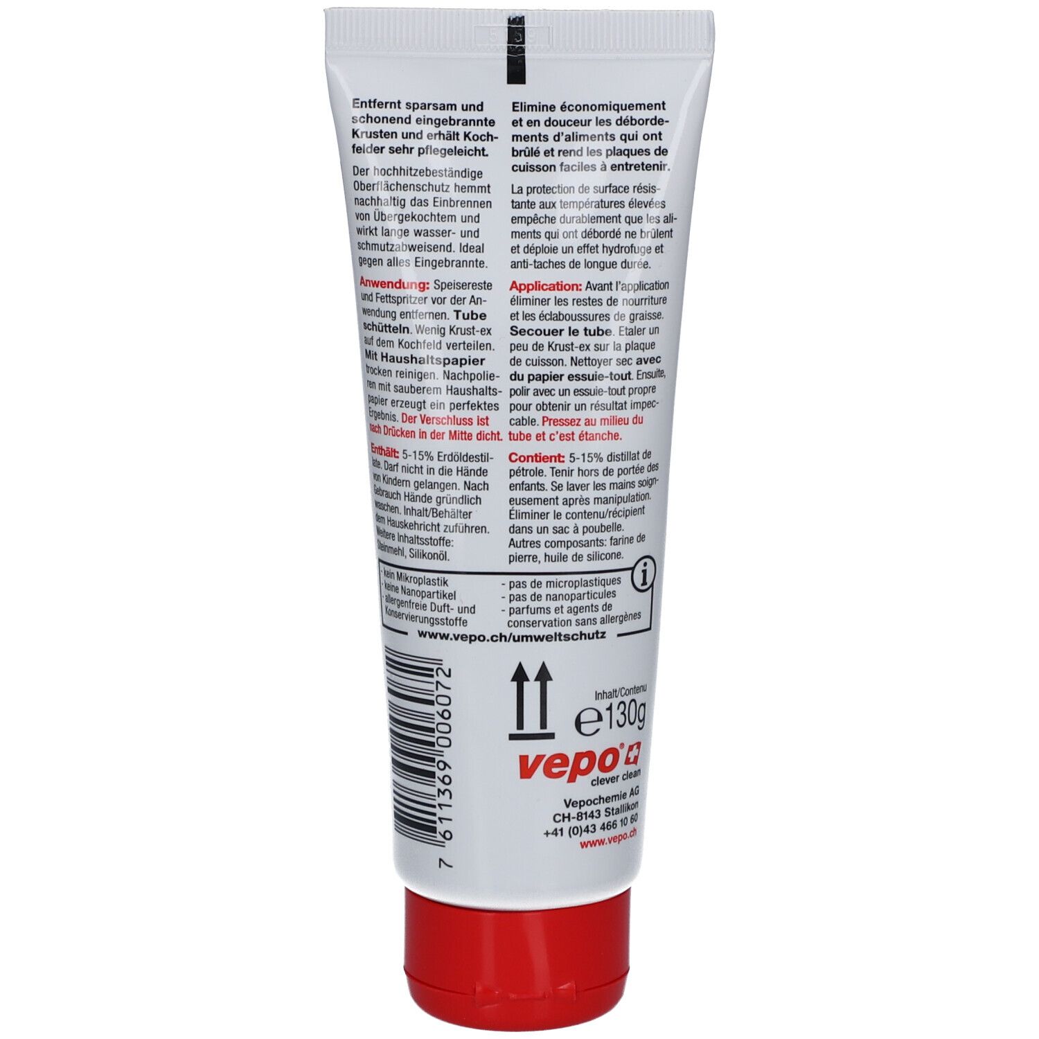 Dos du tube. Texte en plusieurs langues. Bouchon rouge. Logo et adresse du fabricant.