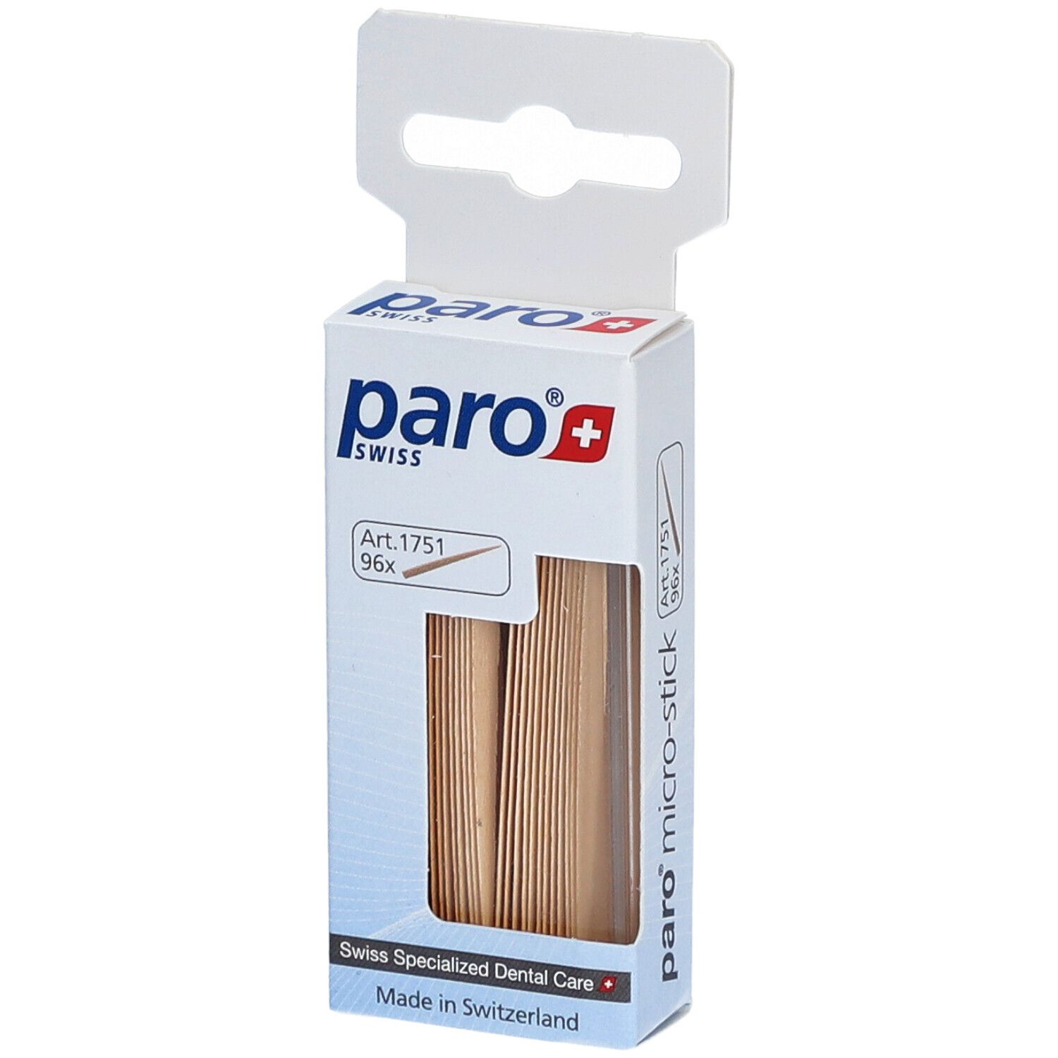 Emballage de cure-dents paro® micro-sticks. Fenêtre montrant des bâtonnets en bois. Impression : Art. 1751, 96x.