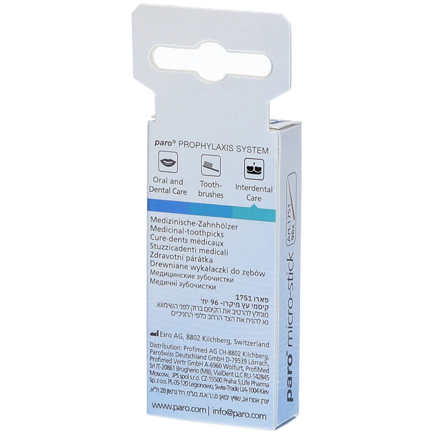 Dos de l'emballage paro® micro-sticks. Texte multilingue. Impression : Art. 1751, 96x.