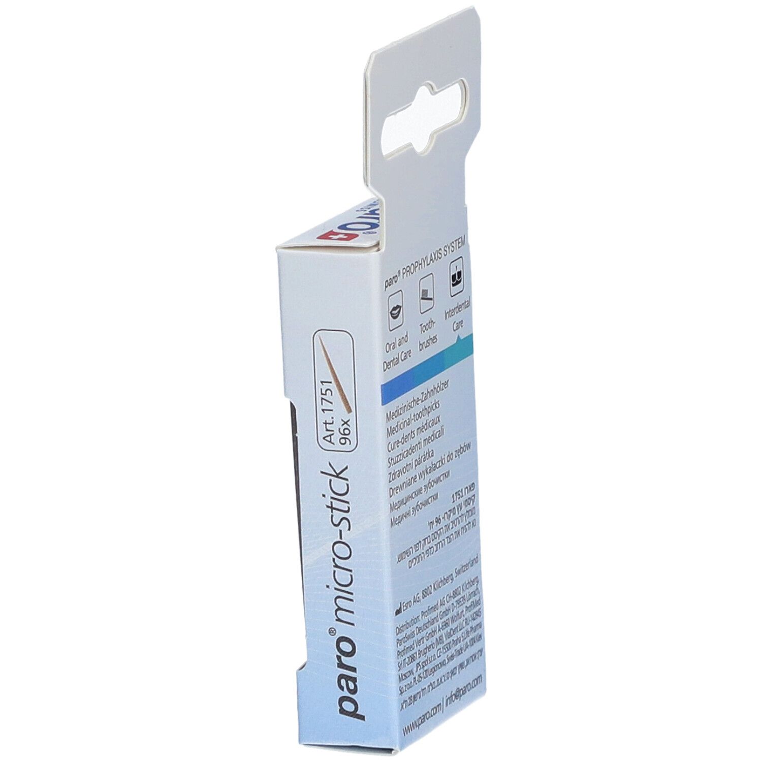Vue latérale de l'emballage paro® micro-sticks. Texte multilingue. Impression : Art. 1751, 96x.
