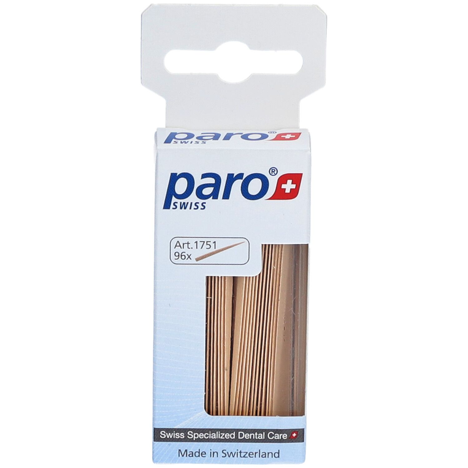 Emballage de cure-dents paro® micro-sticks. Fenêtre montrant des bâtonnets en bois. Impression : Art. 1751, 96x.