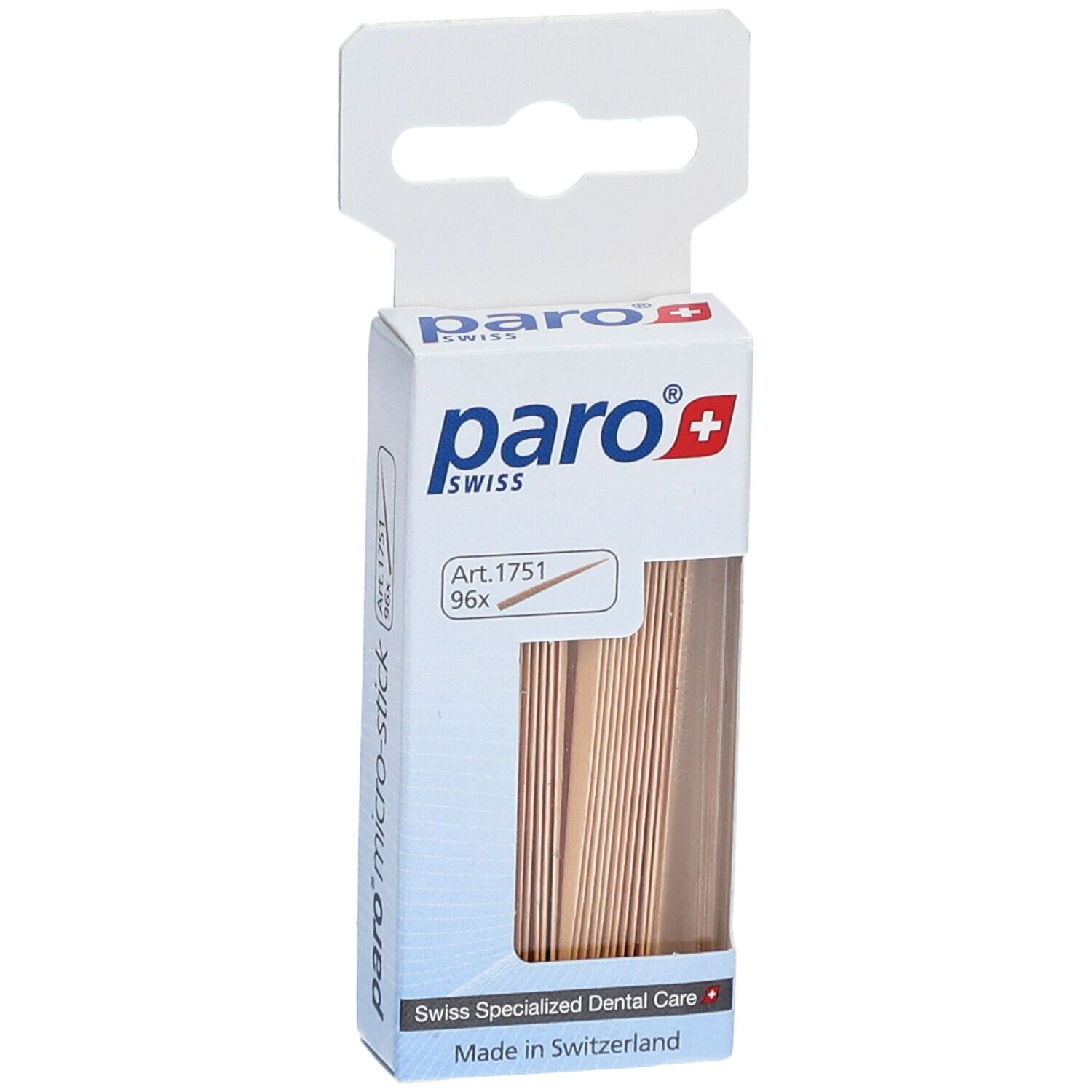 Emballage de cure-dents paro® micro-sticks. Fenêtre montrant des bâtonnets en bois. Impression : Art. 1751, 96x.