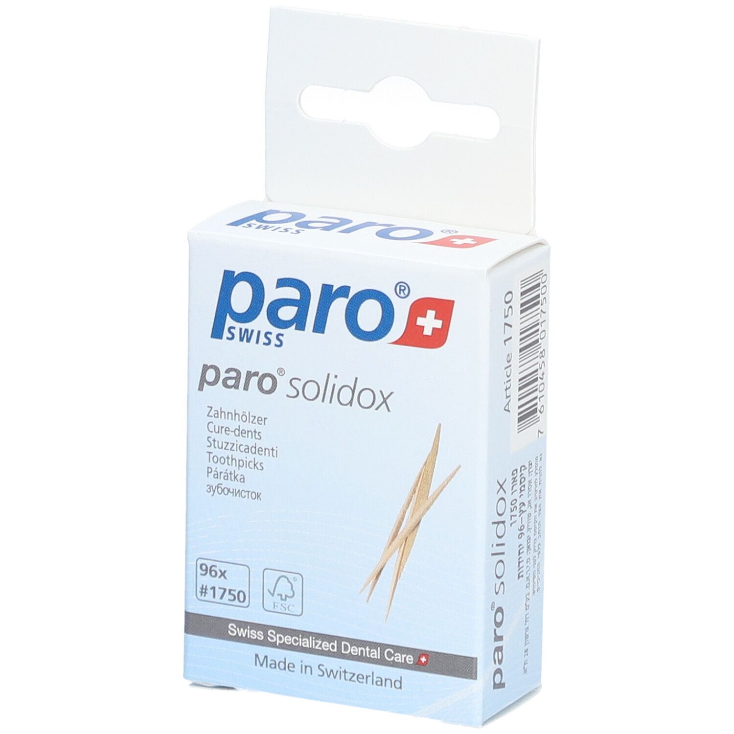Boîte paro® solidox. Boîte blanche avec logo, nom du produit et cure-dents. 96 pièces.