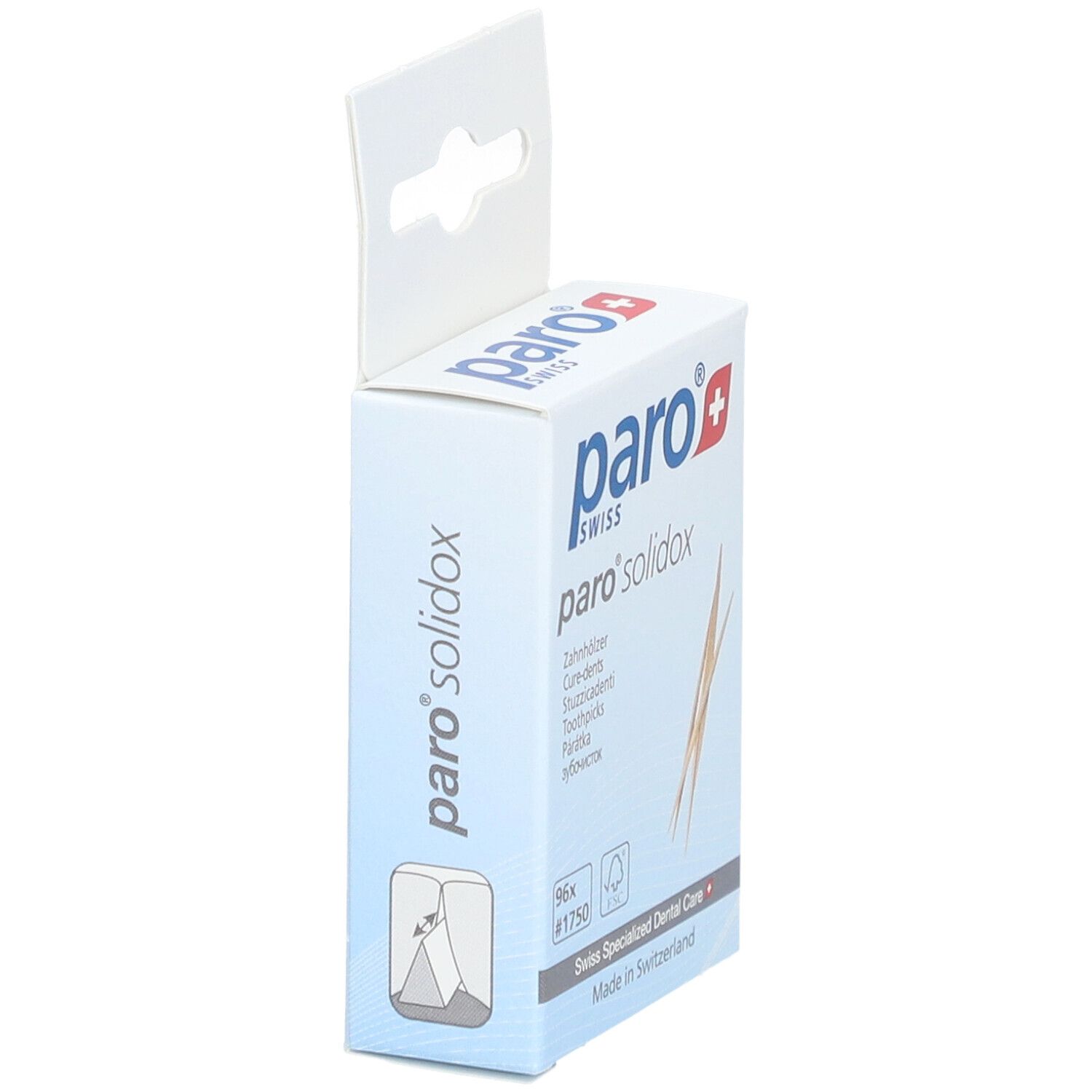 Boîte paro® solidox en biais. Boîte blanche avec logo, nom du produit et cure-dents. 96 pièces.