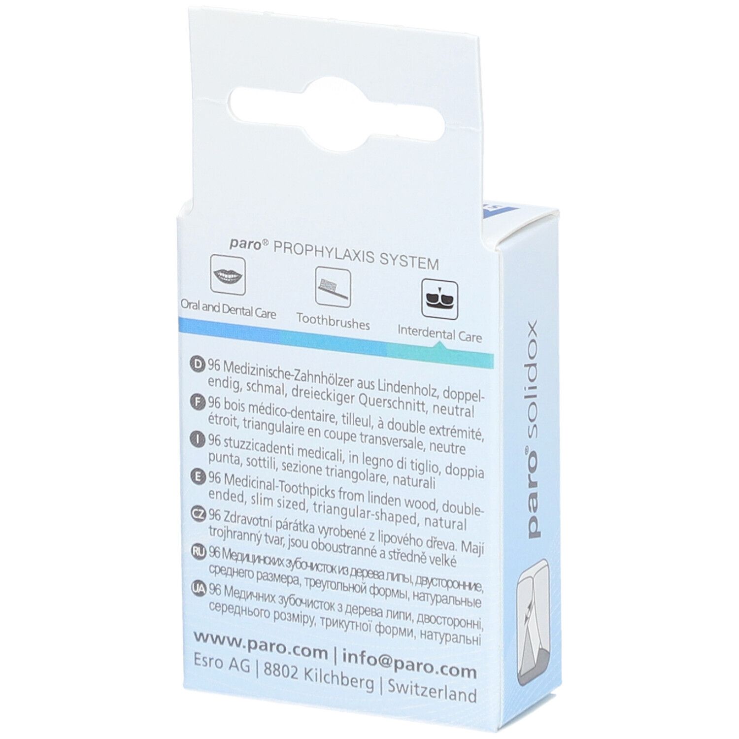 Dos de la boîte paro® solidox. Texte multilingue. Informations sur les cure-dents.