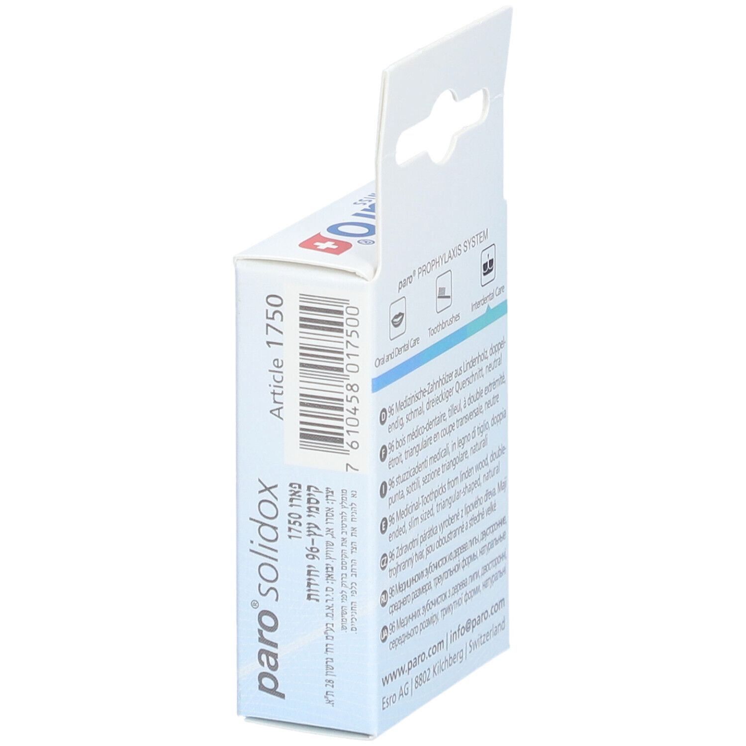 Côté de la boîte paro® solidox. Numéro d'article et code-barres. Informations sur le fabricant.
