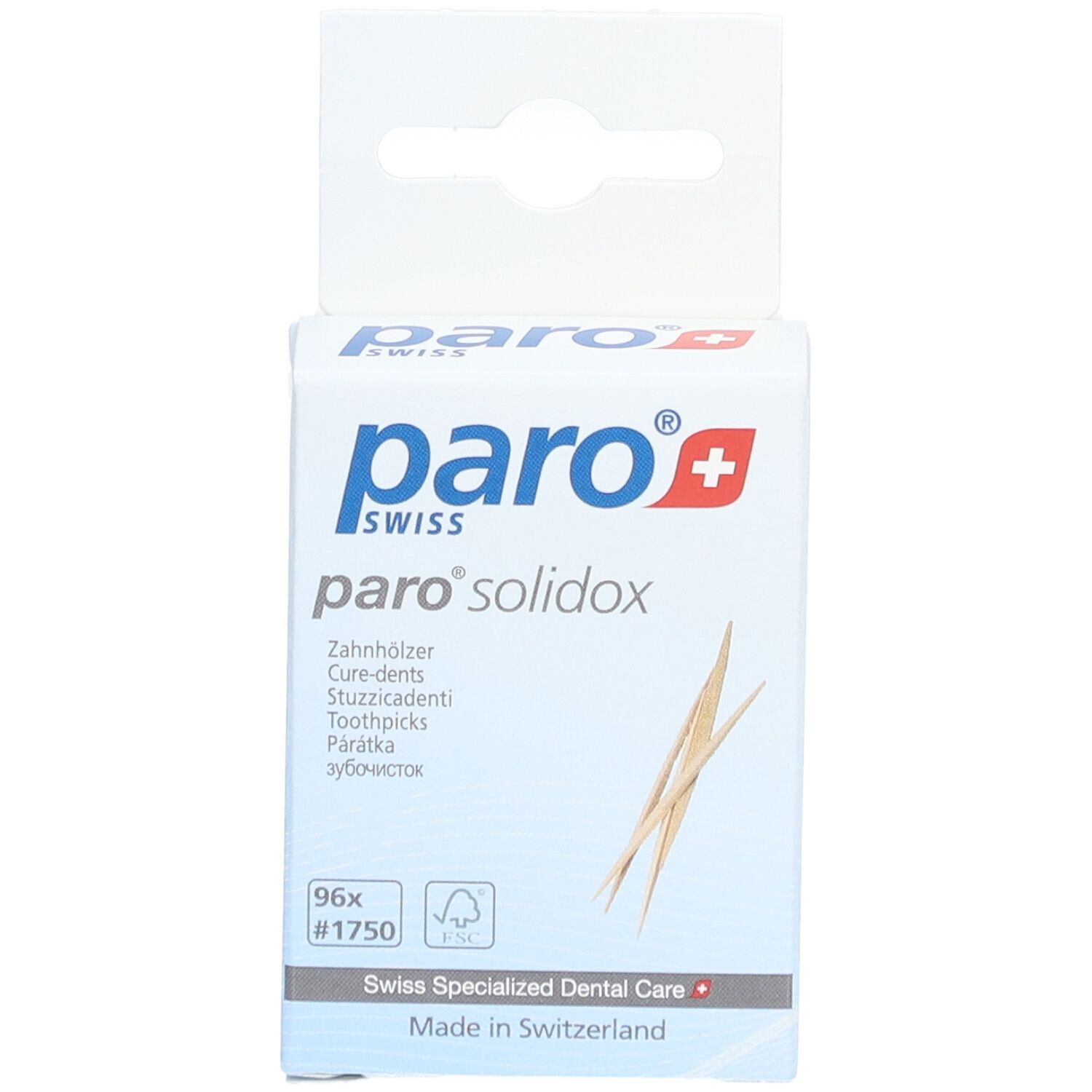 Boîte paro® solidox. Boîte blanche avec logo, nom du produit et cure-dents. 96 pièces.