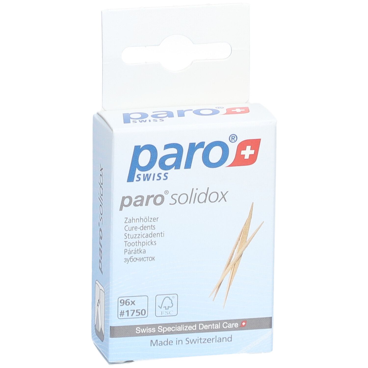 Boîte paro® solidox. Boîte blanche avec logo, nom du produit et cure-dents. 96 pièces.