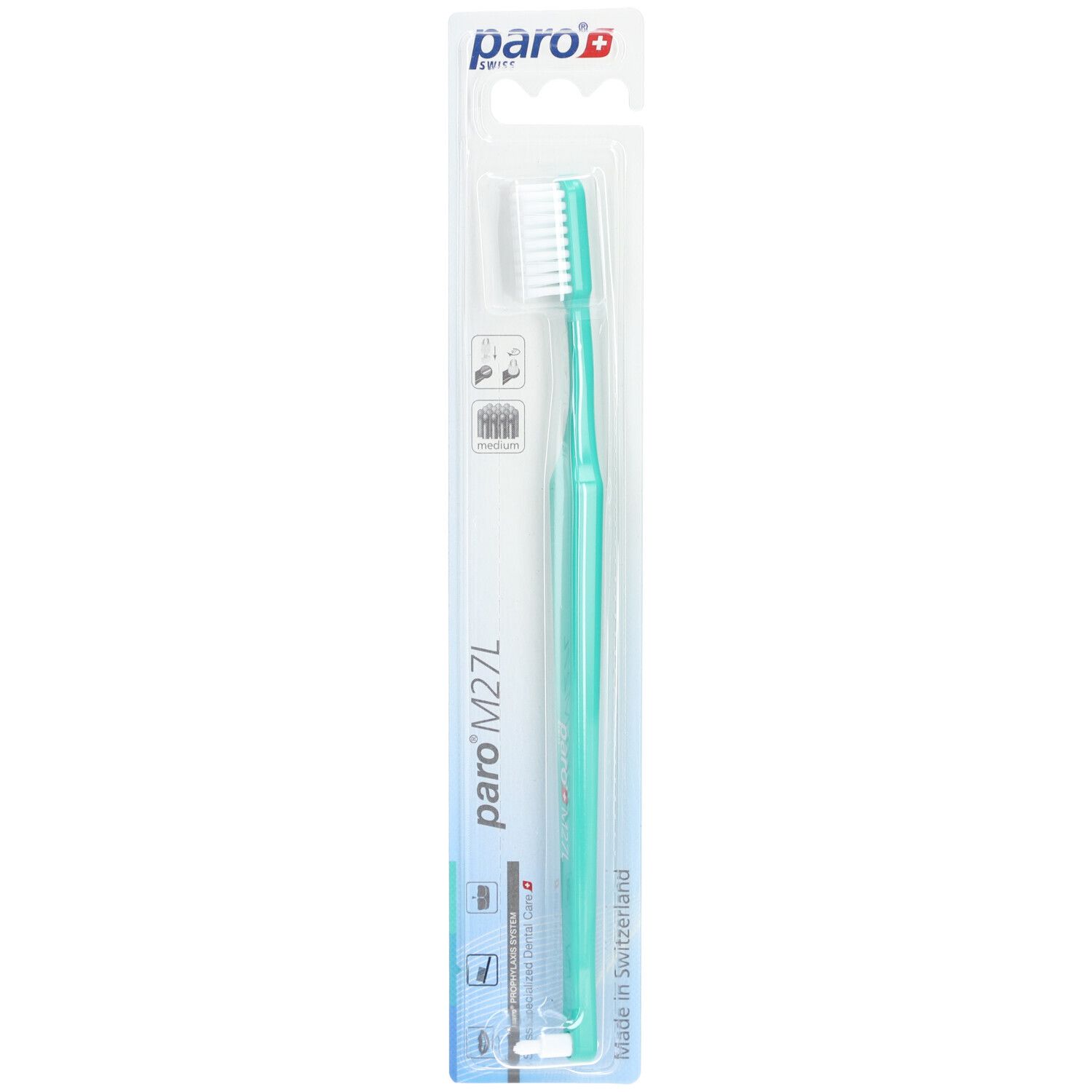 Brosse à dents paro M27L, vert clair, en emballage blister. Marque et nom du produit visibles.