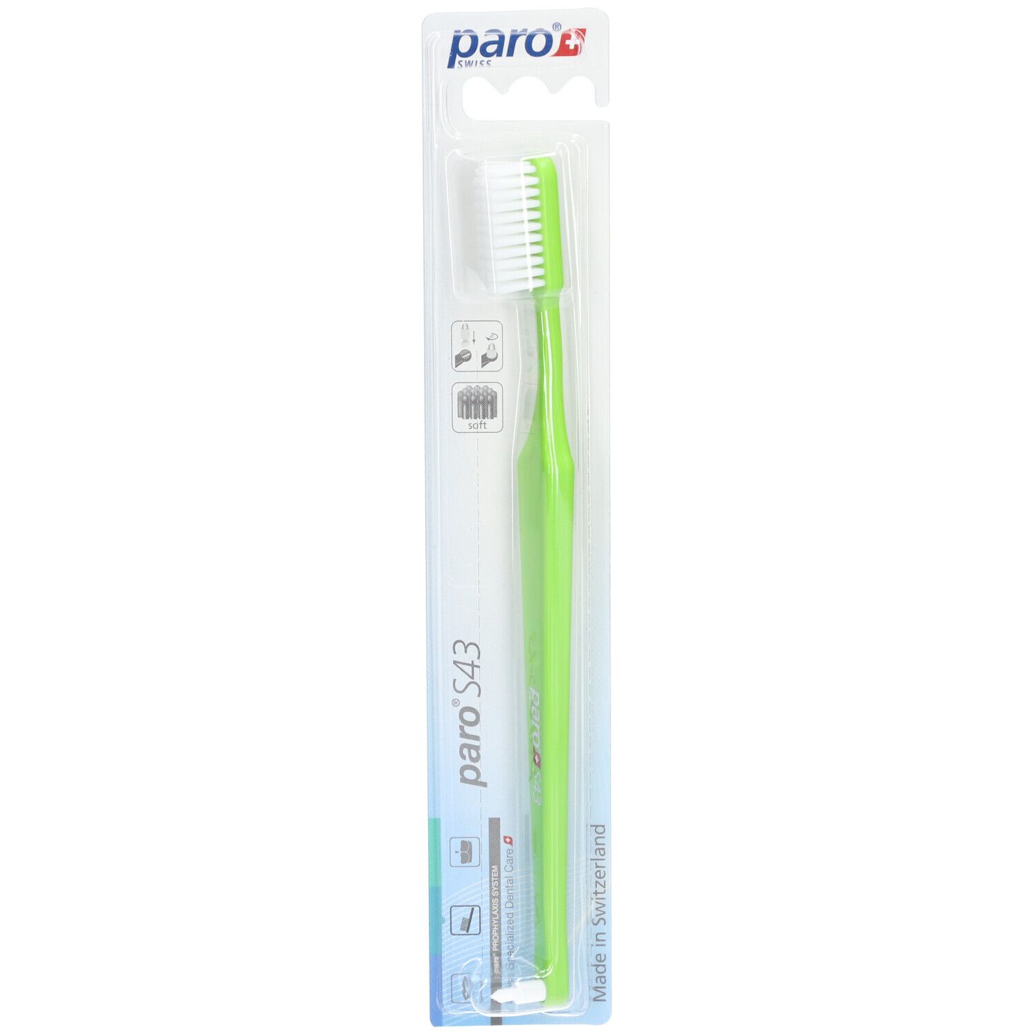 Brosse à dents verte paro S43 en emballage blister. Tête blanche, manche vert. Logo paro en haut.
