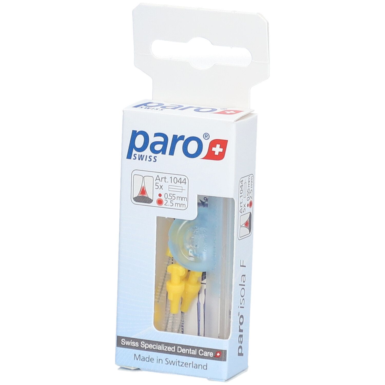 Emballage de brosses interdentaires jaunes et bleues. Marque : paro swiss. Inscription : 0,55 mm/2,5 mm.