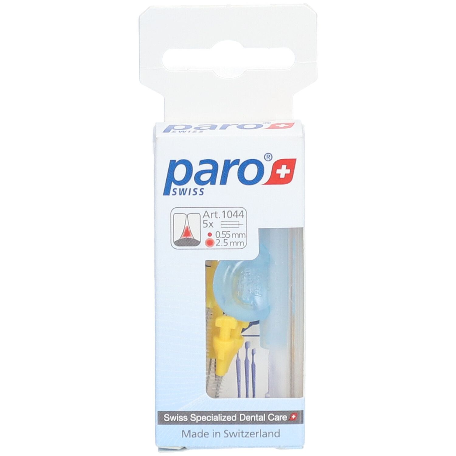 Emballage de brosses interdentaires jaunes et bleues. Marque : paro swiss. Inscription : 0,55 mm/2,5 mm.