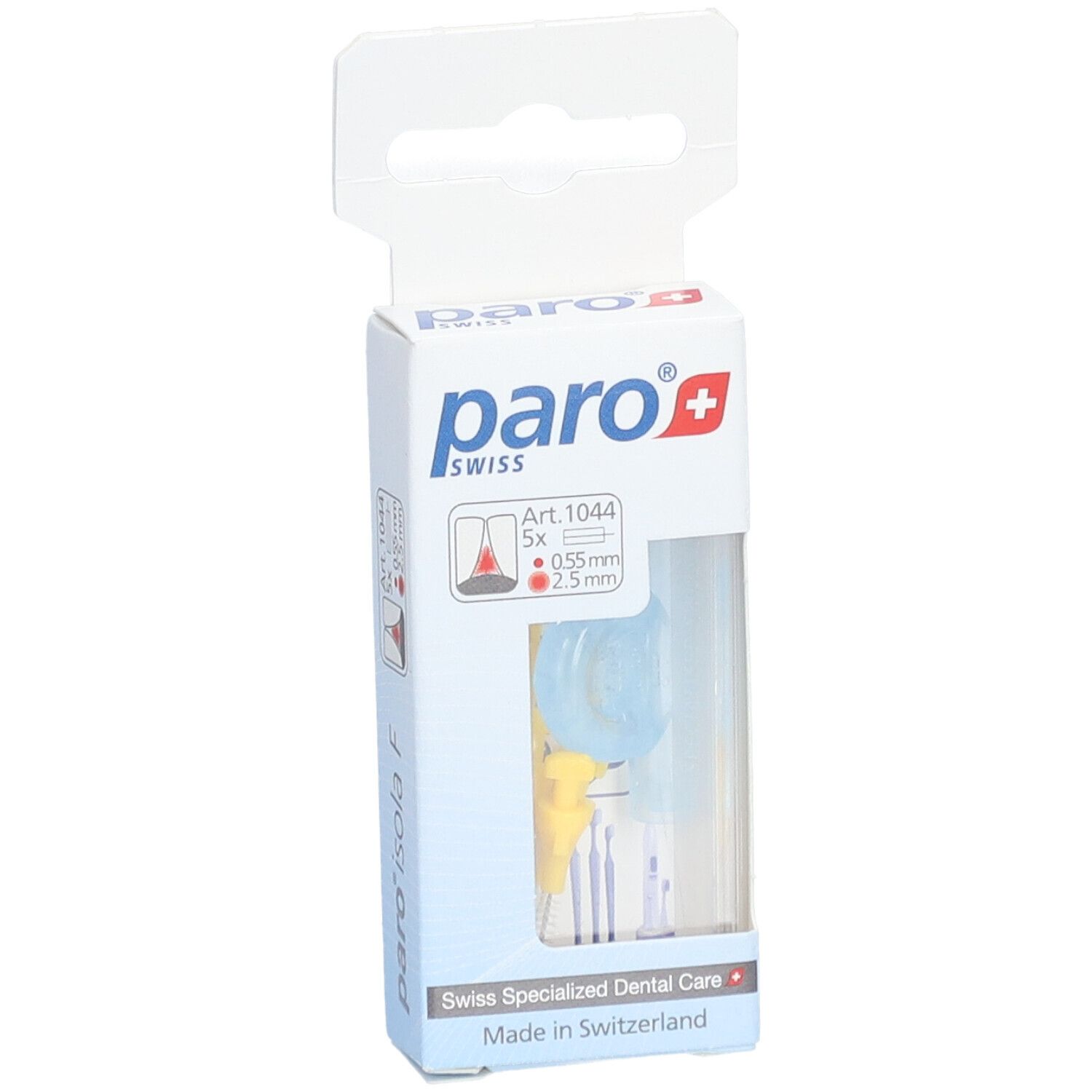 Emballage de brosses interdentaires jaunes et bleues. Marque : paro swiss. Inscription : 0,55 mm/2,5 mm.
