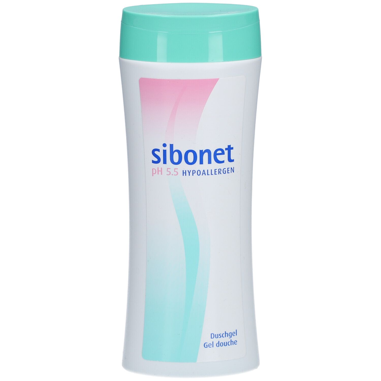 Flacon blanc et turquoise avec "sibonet pH 5.5 HYPOALLERGEN". Bouchon turquoise. Éléments roses et turquoises.