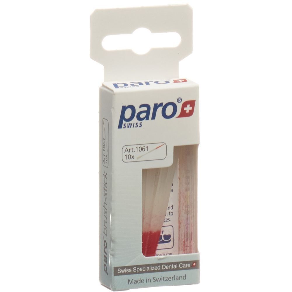 Emballage de paro® Brush-Sticks. Boîte blanche avec fenêtre. Soies rouges visibles. Inscription : paro swiss.