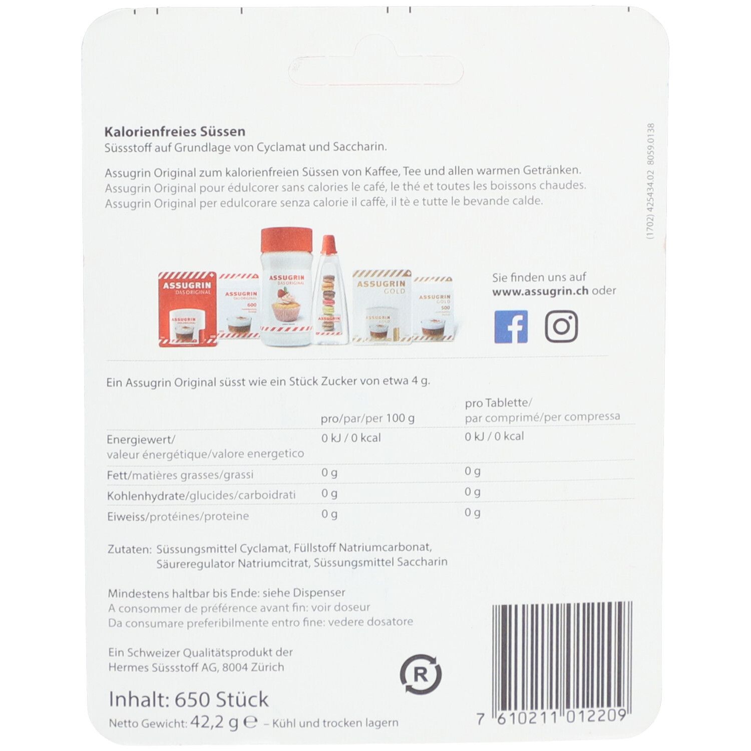 Assugrin Das Original édulcorant sans calories pour boissons chaudes