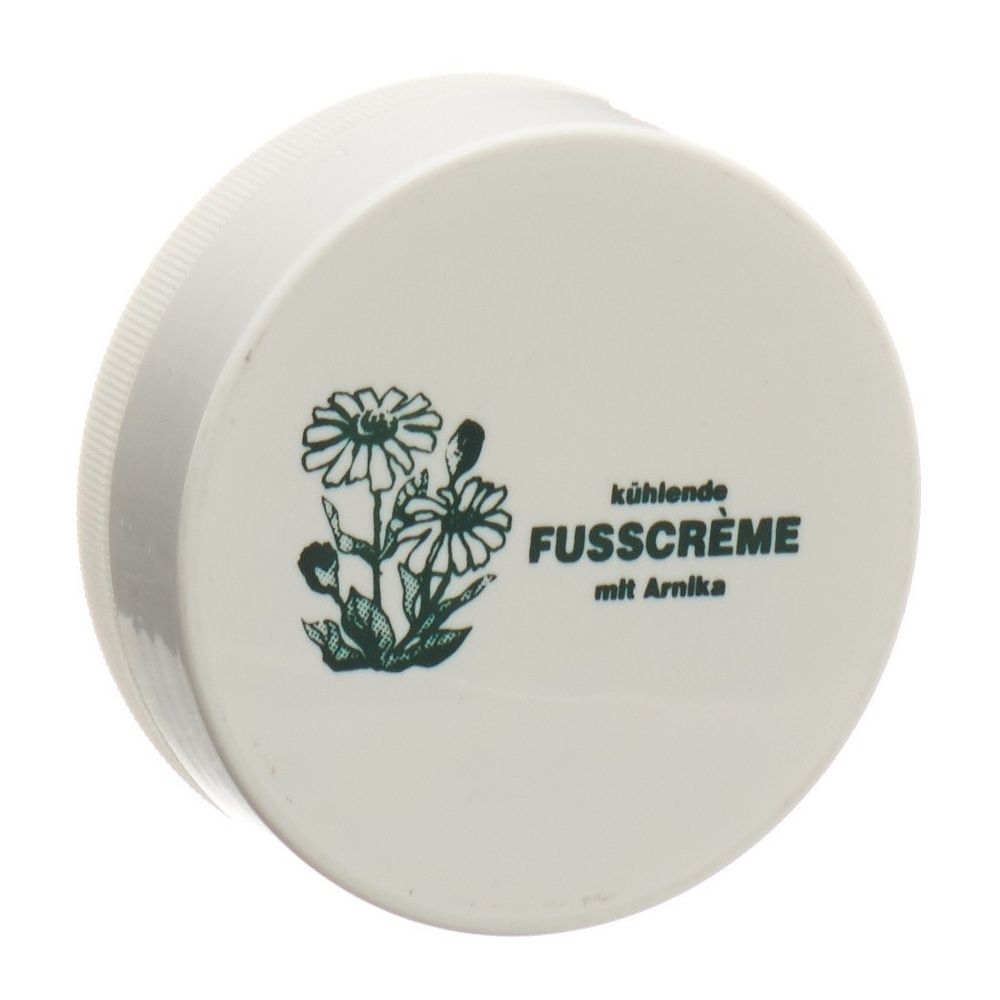 Pot blanc avec couvercle. Sur le couvercle : motif floral vert et inscription 'kühlende Fußcreme mit Arnika'.