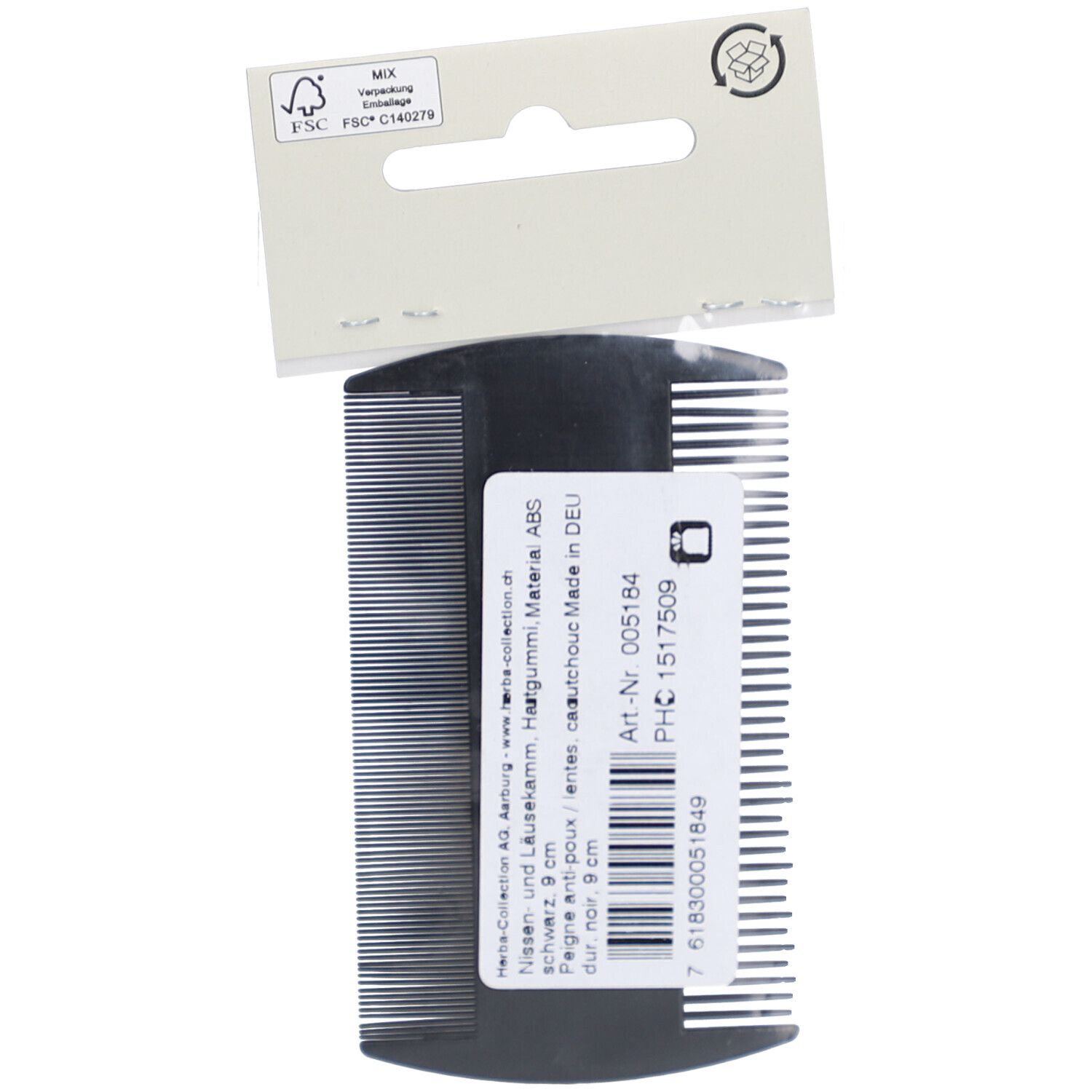 Dos du peigne à poux noir. Texte et code-barres sur le peigne et le carton.