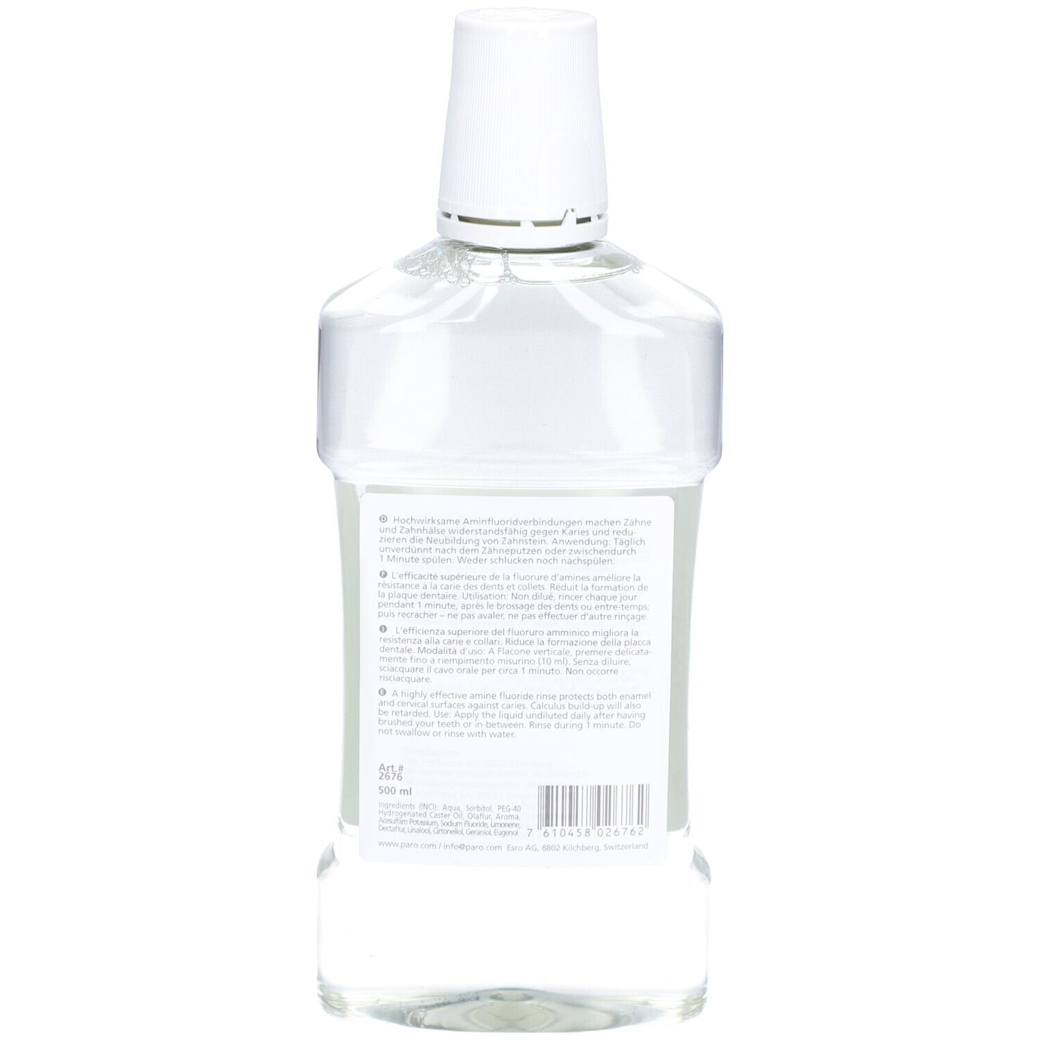 Dos de la bouteille de bain de bouche parodont DENT. Texte multilingue, dont informations produit en français.