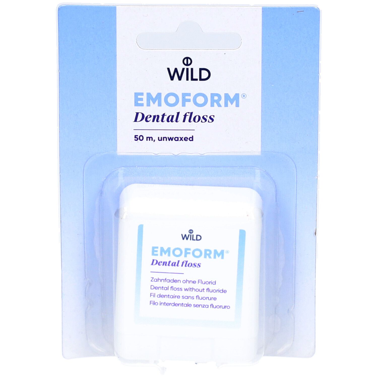 Boîte blanche EMOFORM Dental floss, 50 m, non ciré, dans un emballage blister. Marque WILD.