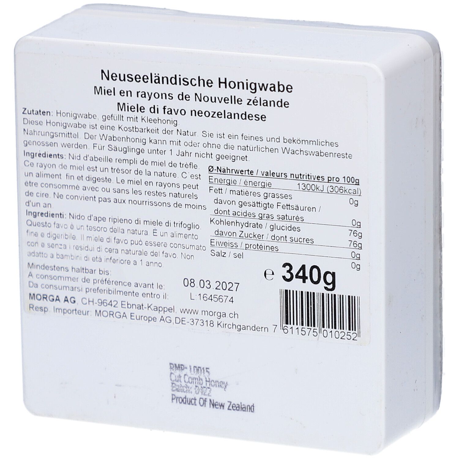 MORGA miel en rayons. Emballage rectangulaire blanc avec texte et informations nutritionnelles. Texte: Miel en rayons de Nouvelle-Zélande, 340g.