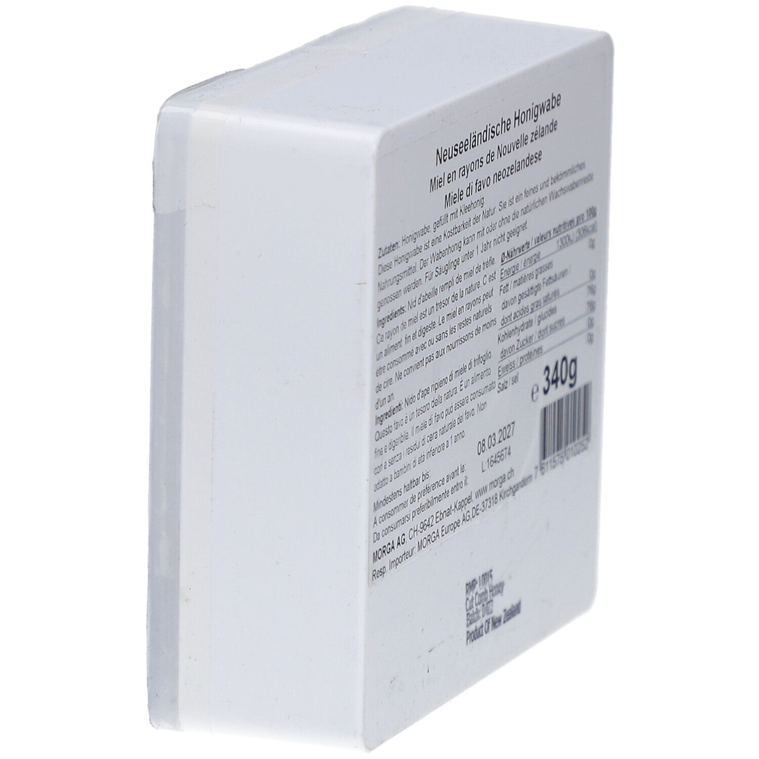 MORGA miel en rayons. Emballage rectangulaire blanc. Vue latérale avec texte et informations nutritionnelles. Texte: Miel en rayons de Nouvelle-Zélande, 340g.