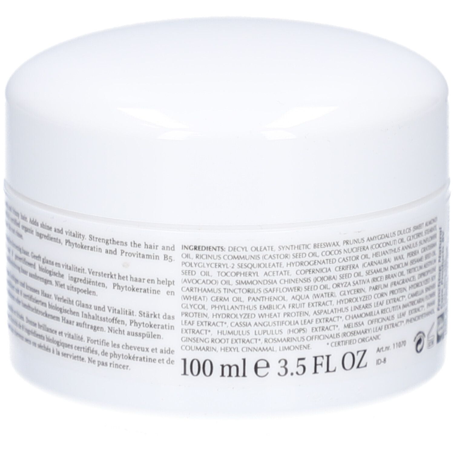 Pot blanc avec liste des ingrédients. Contient de la phytokératine et de la provitamine B5. Pour la brillance et la vitalité. Avec ingrédients bio certifiés.