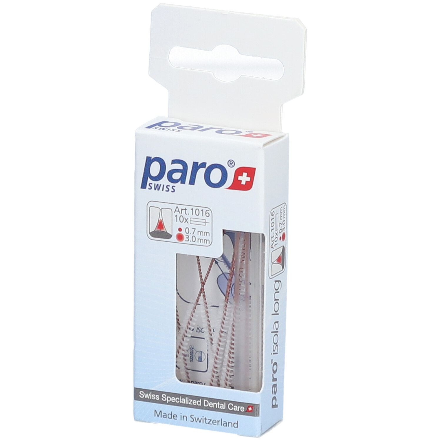 Emballage de brosses interdentaires paro Isola Long. 10 pièces, 0,7 mm/3,0 mm. Fenêtre transparente.