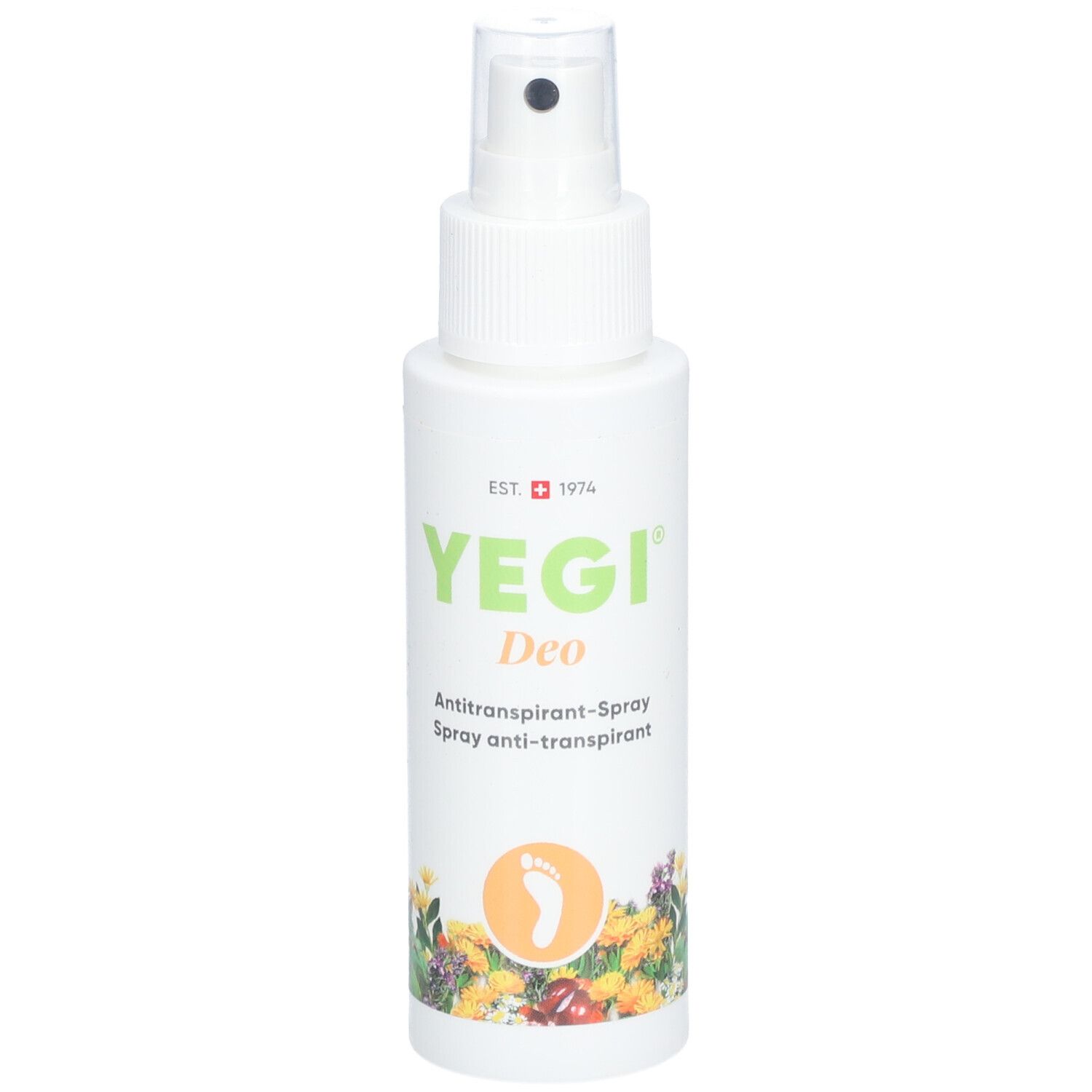 Flacon spray blanc YEGI Deo. Texte: Antitrnaspirant-Spray. Symbole de pied. Croix suisse.