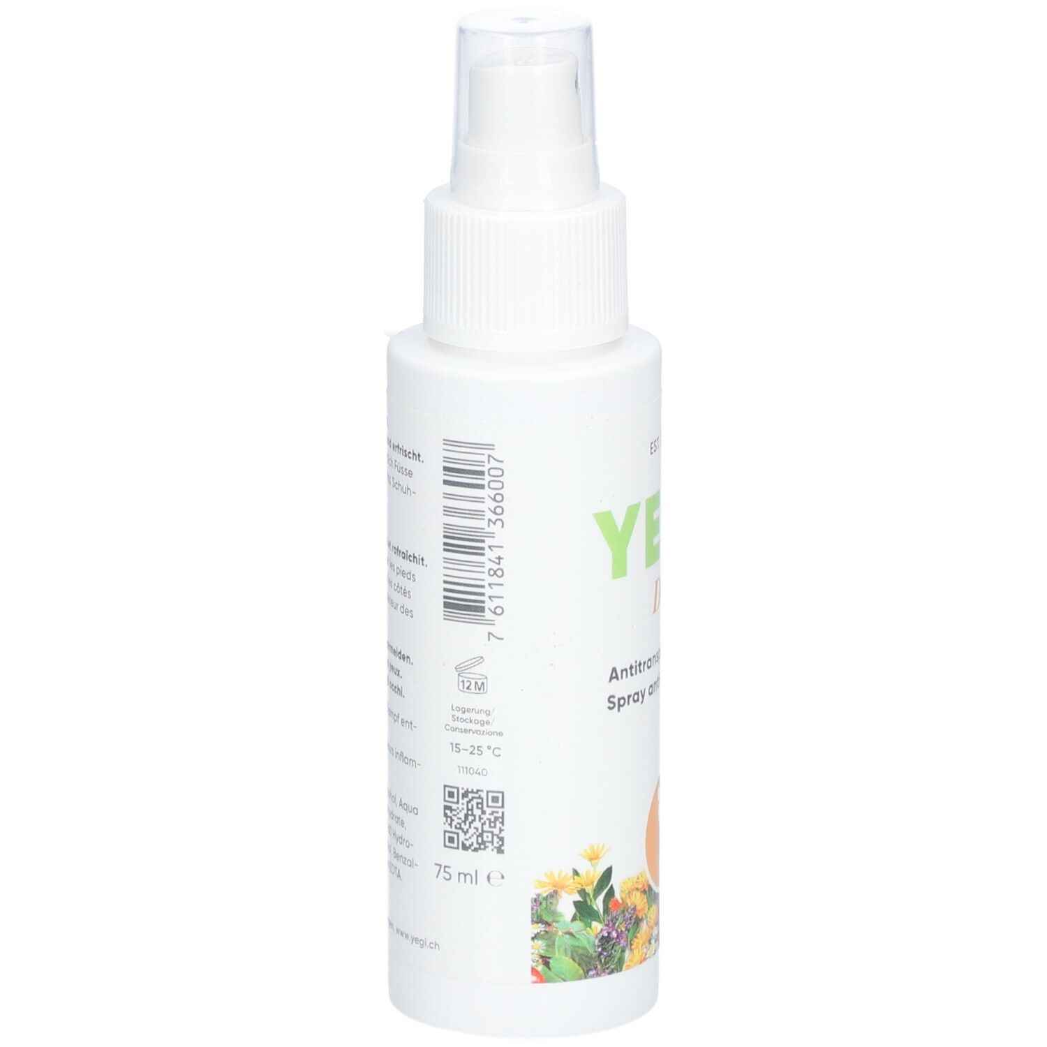 Flacon spray blanc, vue latérale. Texte et QR code. 75 ml. YEGI Deo Antitrnaspirant-Spray.