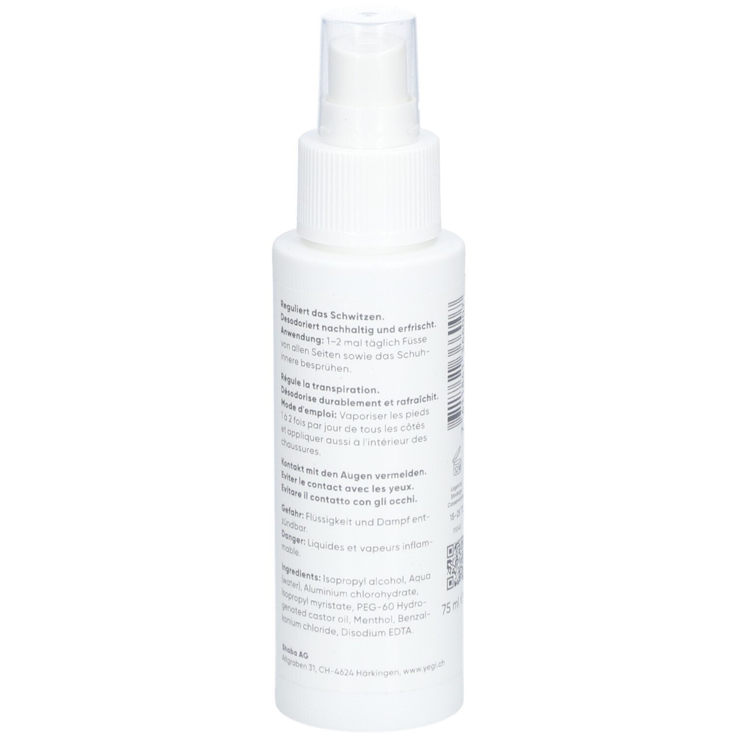 Flacon spray blanc, dos. Texte en allemand, français et italien. Ingrédients. 75 ml.