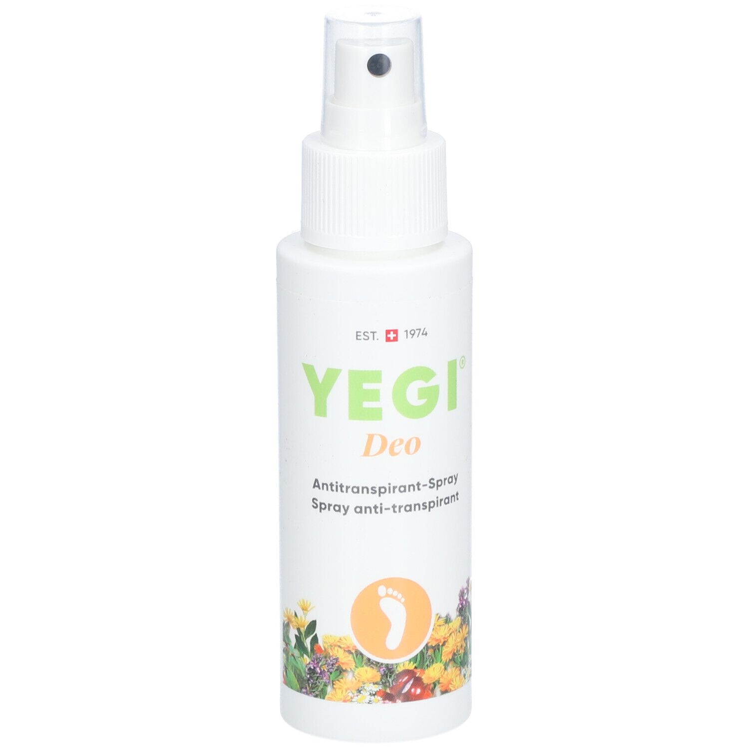 Flacon spray blanc YEGI Deo. Texte: Antitrnaspirant-Spray. Symbole de pied. Croix suisse.