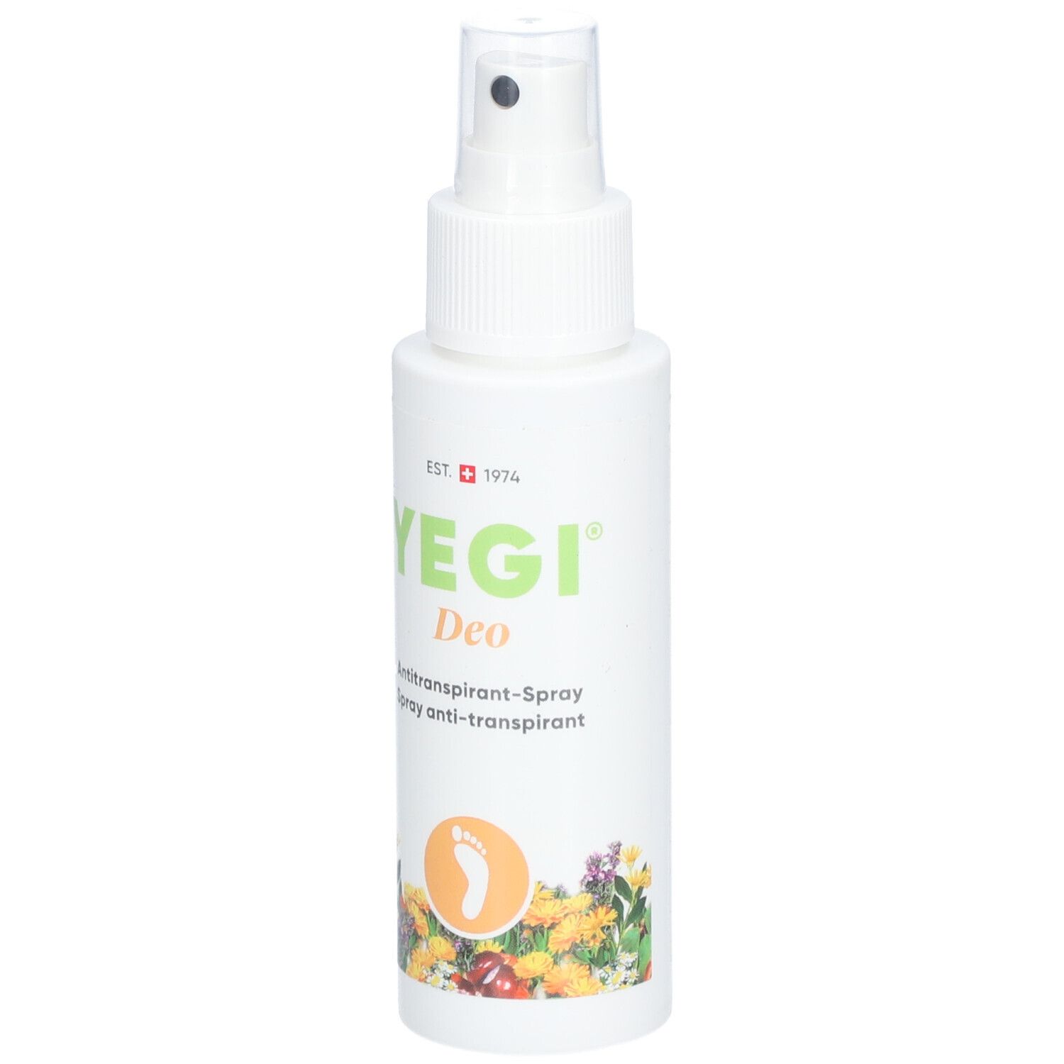 Flacon spray blanc YEGI Deo. Texte: Antitrnaspirant-Spray. Symbole de pied. Croix suisse.
