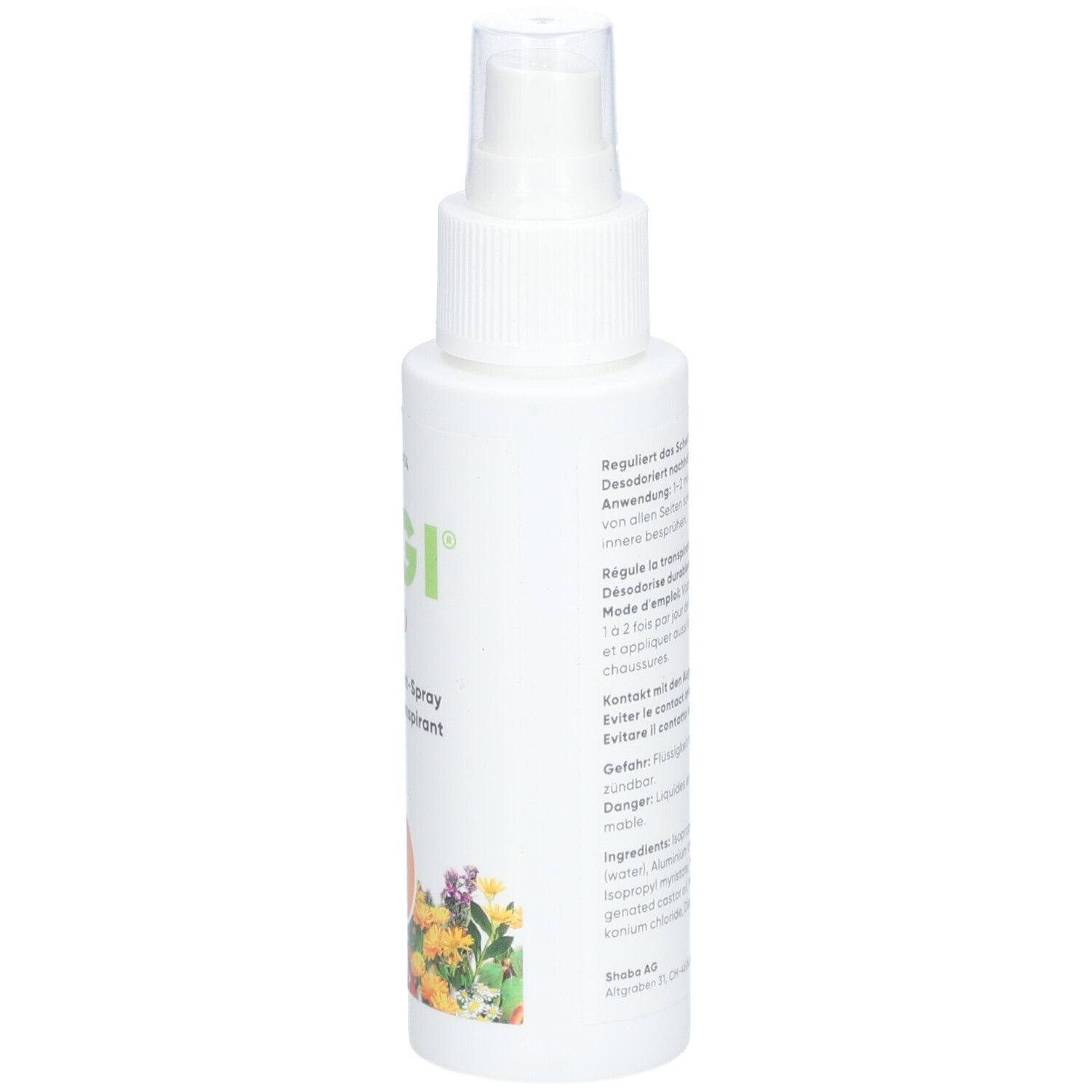 Flacon spray blanc, vue latérale. Texte en allemand, français et italien. Ingrédients. 75 ml.