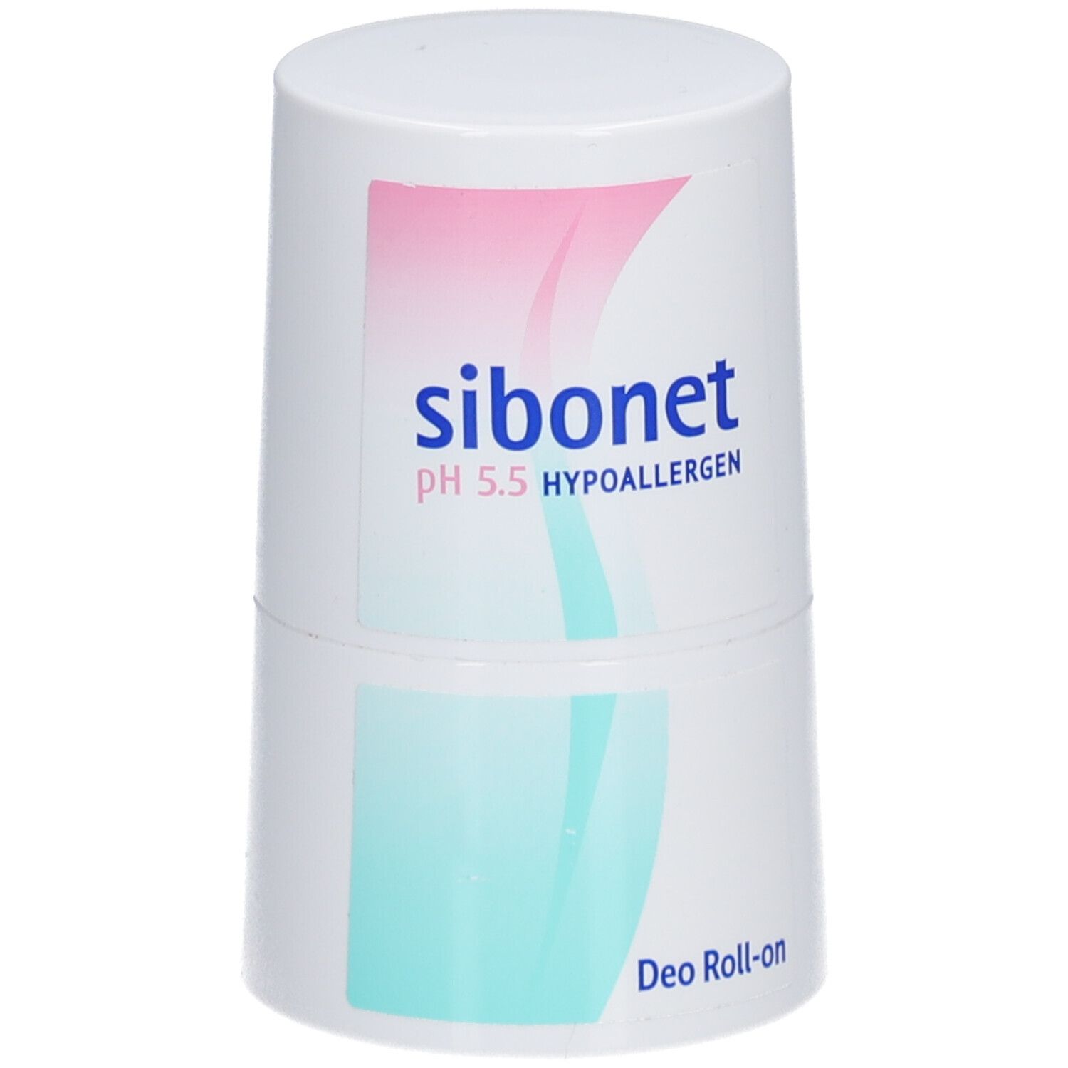 Roll-on déodorant blanc avec design rose et turquoise. Inscription : sibonet pH 5.5 HYPOALLERGEN. Deo Roll-on.