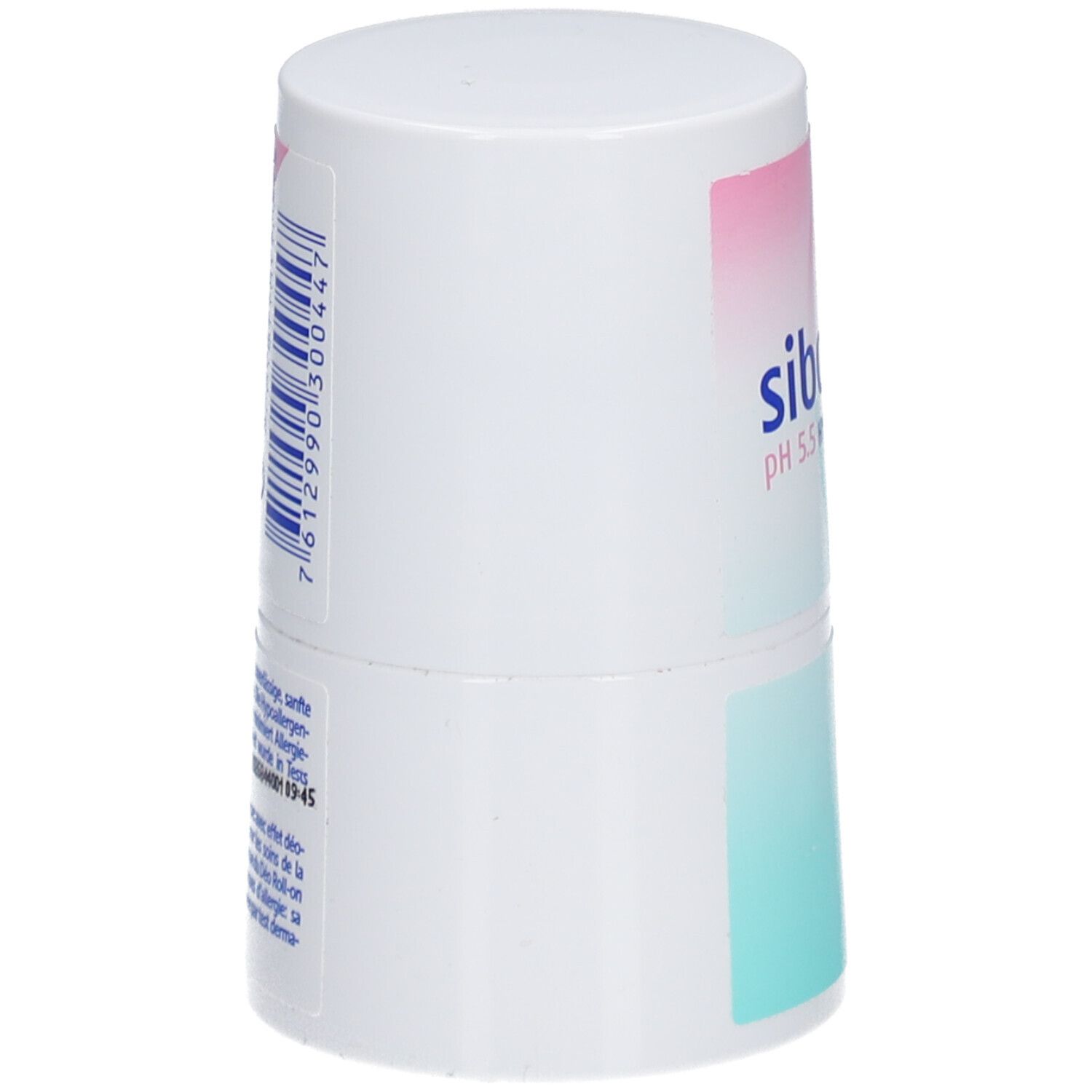 Roll-on déodorant blanc, vue latérale. Code-barres et texte au dos. Inscription : sibonet pH 5.5 HYPOALLERGEN.