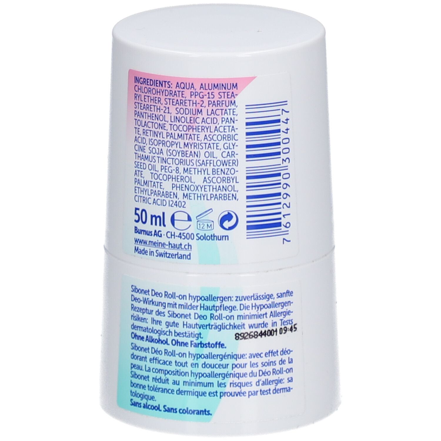 Dos du roll-on déodorant blanc. Liste des ingrédients, texte et code-barres. Inscription : 50 ml, Made in Switzerland.