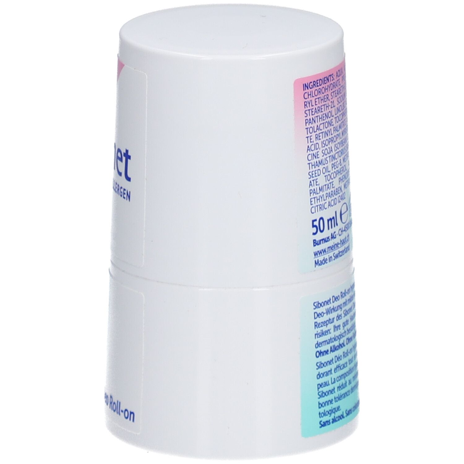 Vue latérale du roll-on déodorant blanc. Liste des ingrédients, texte et code-barres. Inscription : 50 ml, Made in Switzerland.