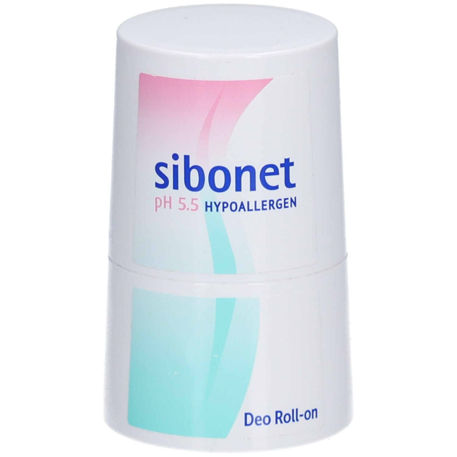 Roll-on déodorant blanc avec design rose et turquoise. Inscription : sibonet pH 5.5 HYPOALLERGEN. Deo Roll-on.