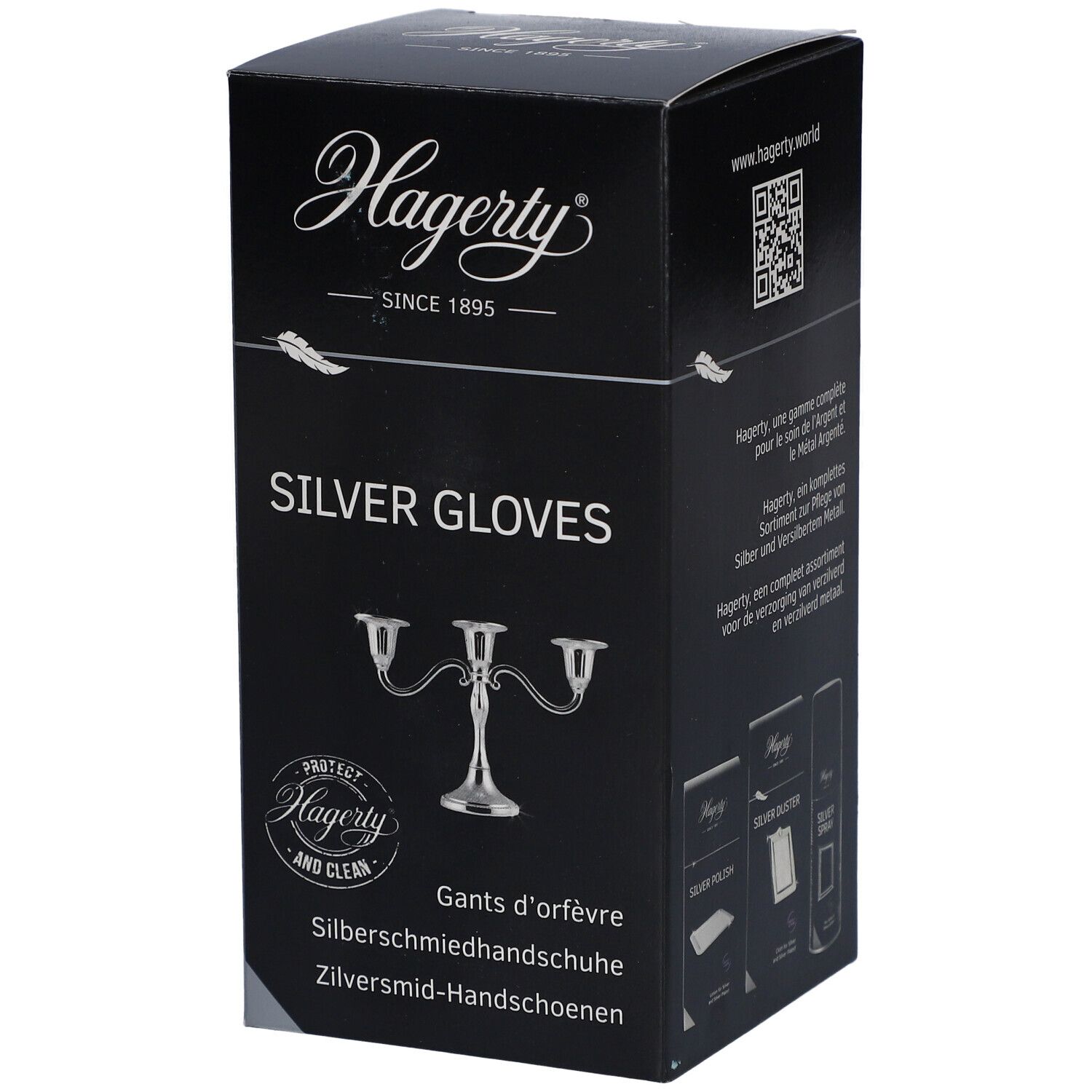 Boîte noire avec logo "Hagerty" et texte "SILVER GLOVES". Illustration d'un chandelier. Texte multilingue.
