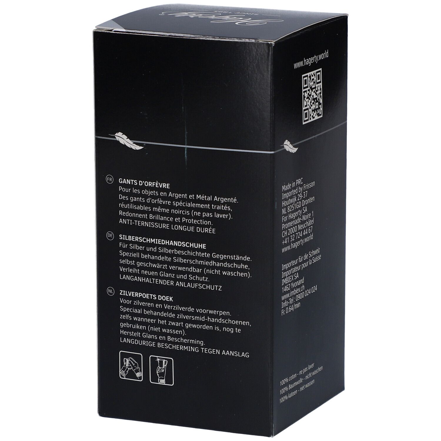 Côté de la boîte noire avec texte multilingue. Informations sur l'utilisation et l'entretien du produit.